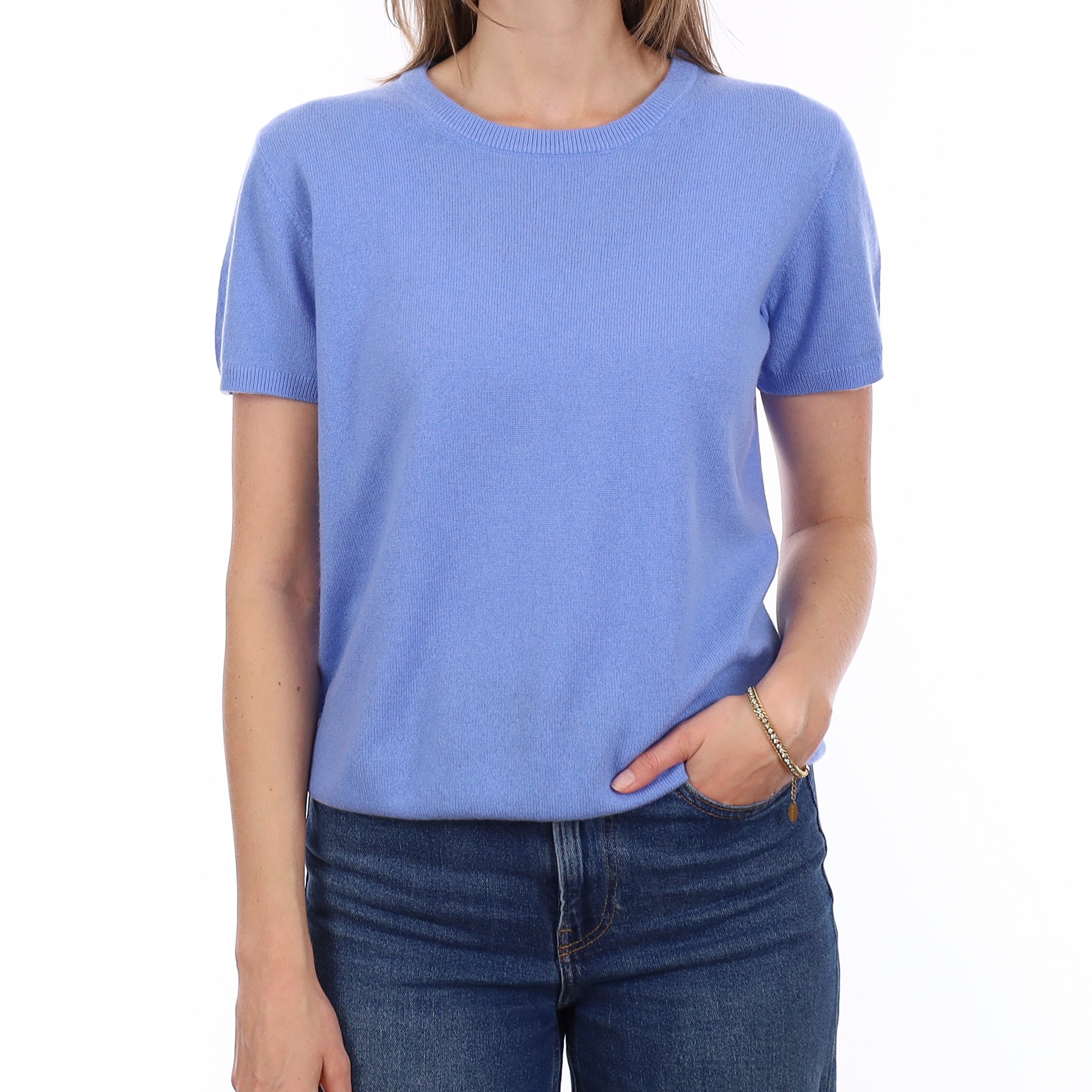 Brand New Cornflower Blue Cashmere Crew Neck T-Shirt Small UK 8-10