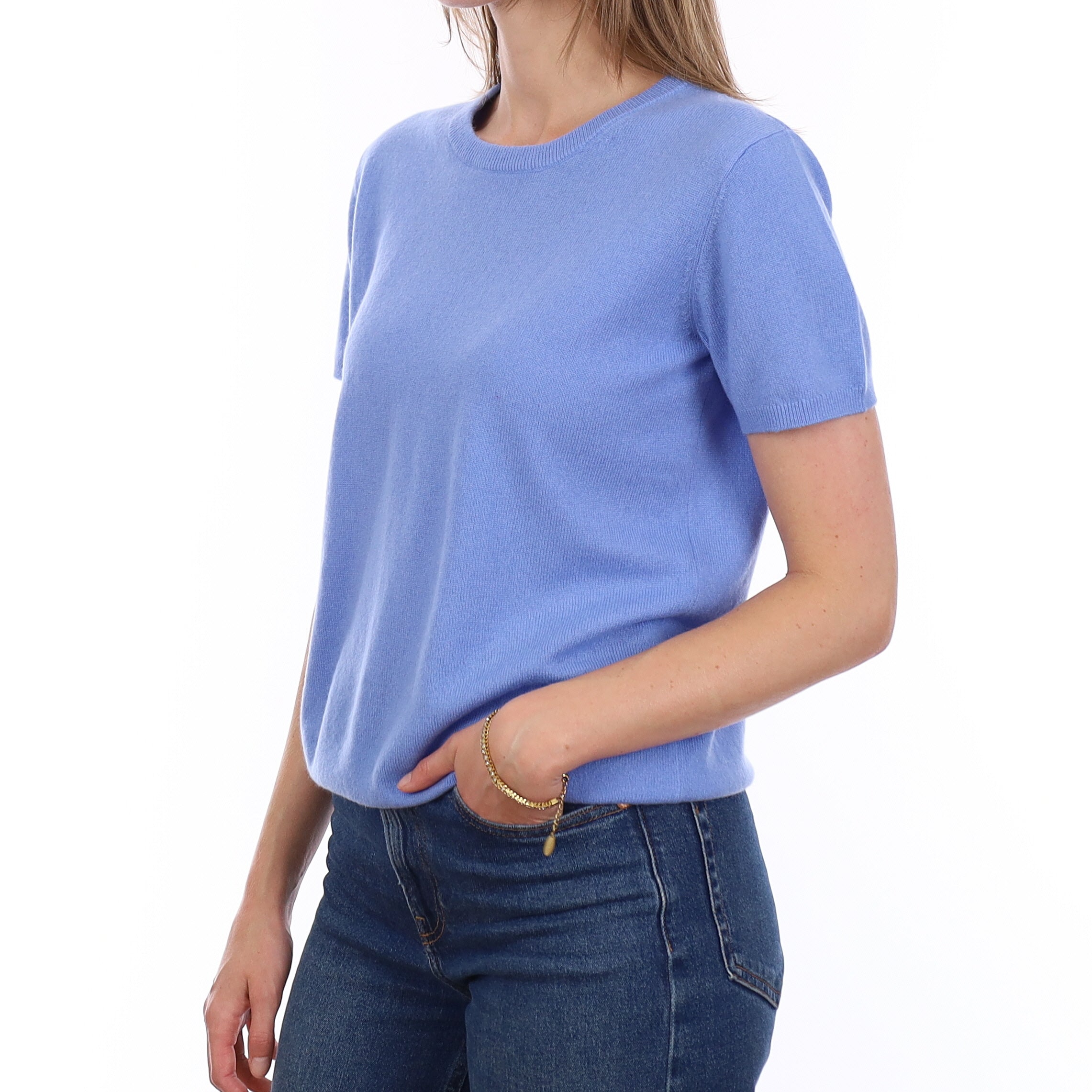 Brand New Cornflower Blue Cashmere Crew Neck T-Shirt Small UK 8-10