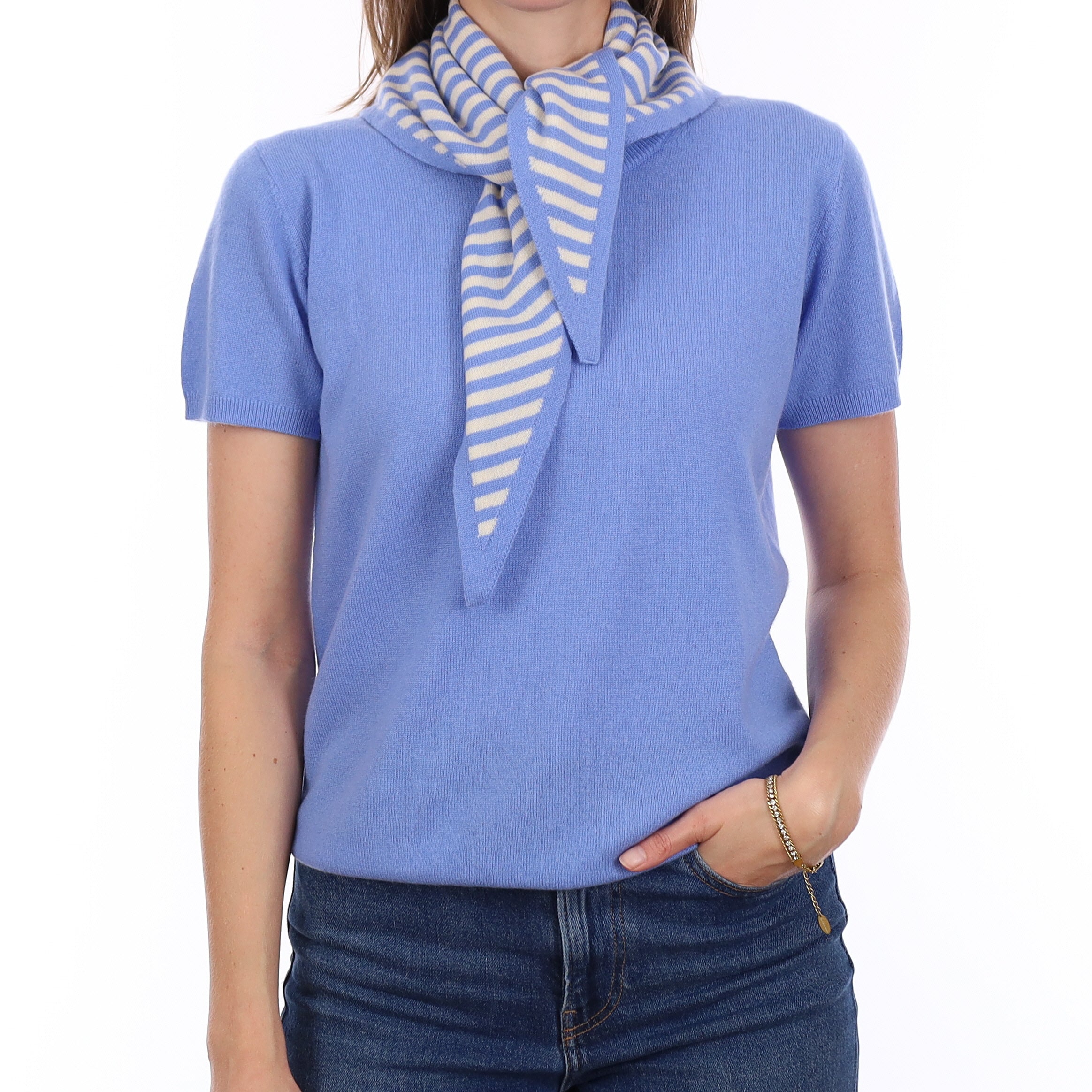 Brand New Cornflower and Chalk Striped Recycled Cashmere Triangle Scarf