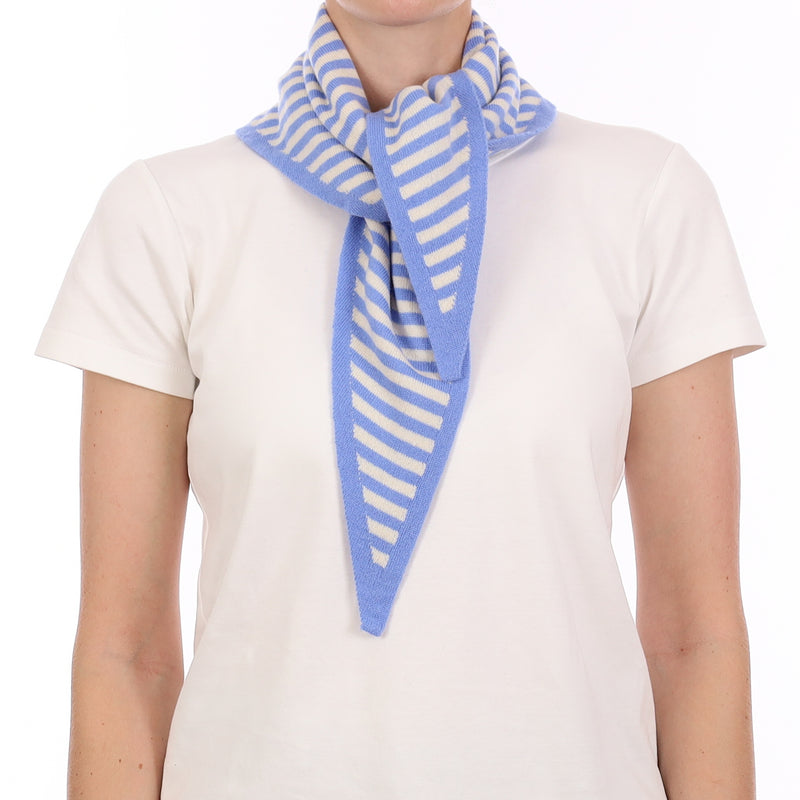 Brand New Cornflower and Chalk Striped Recycled Cashmere Triangle Scarf