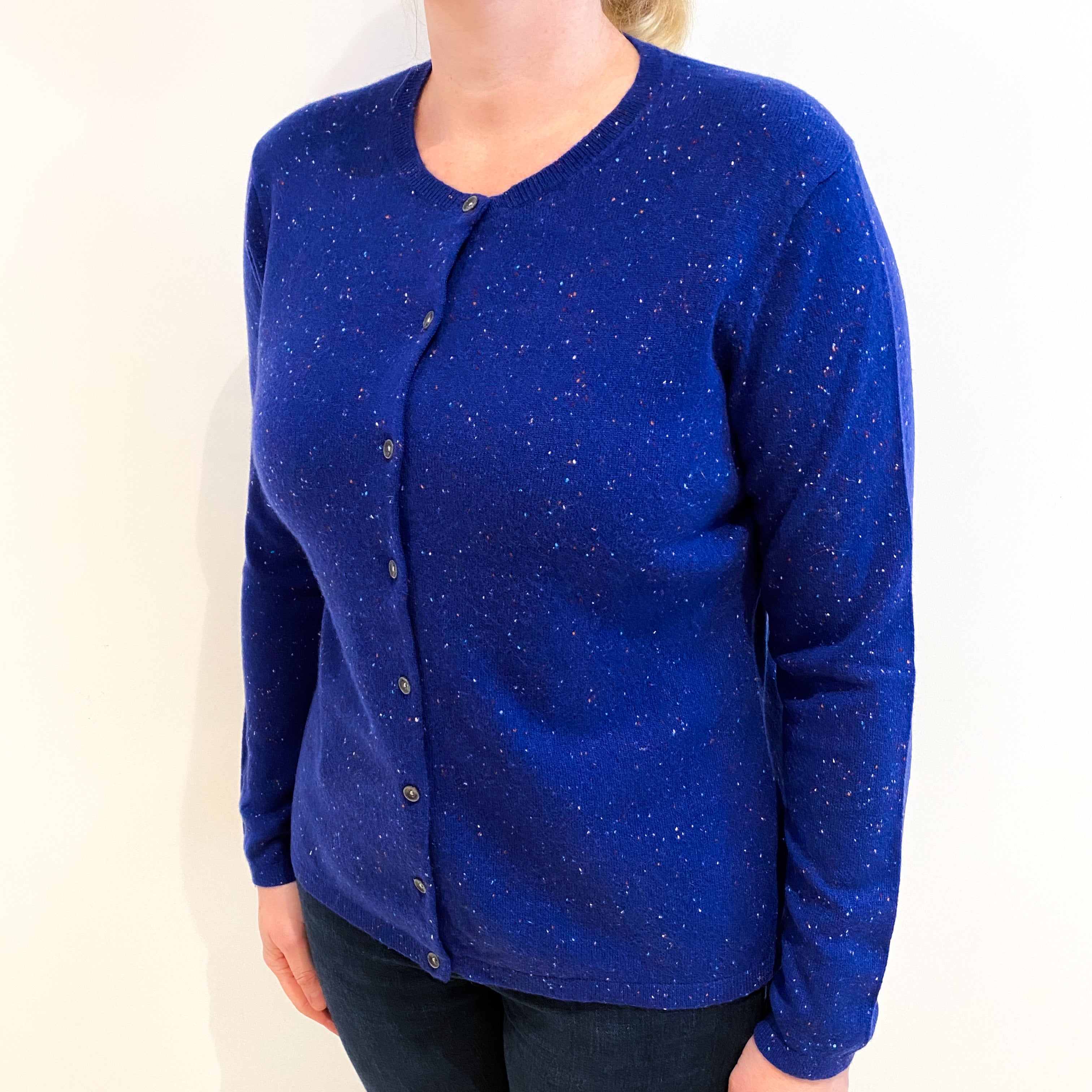 Indigo Blue Fleck Cashmere Crew Neck Cardigan Large