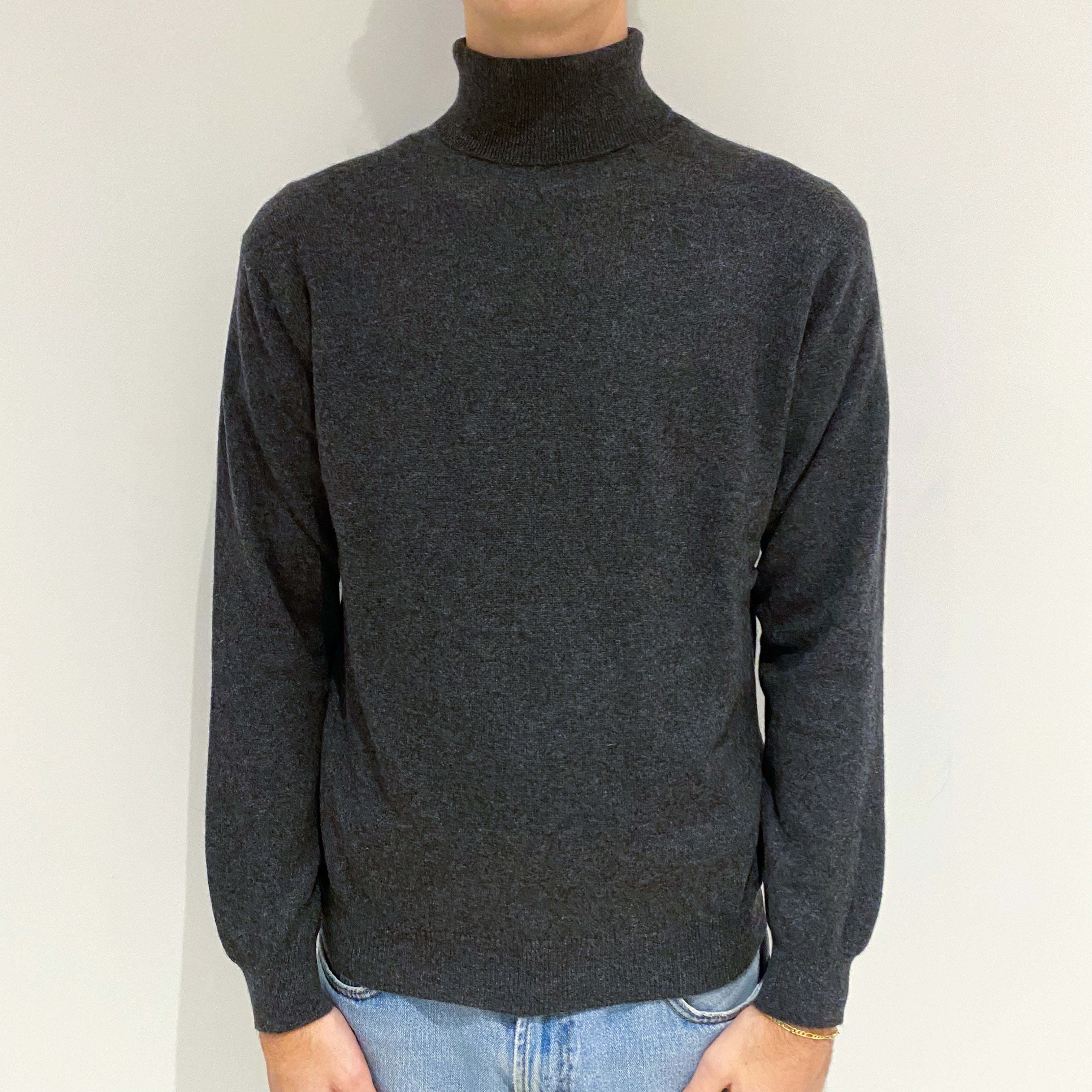 Men's Dark Slate Grey Cashmere Polo Neck Jumper Large