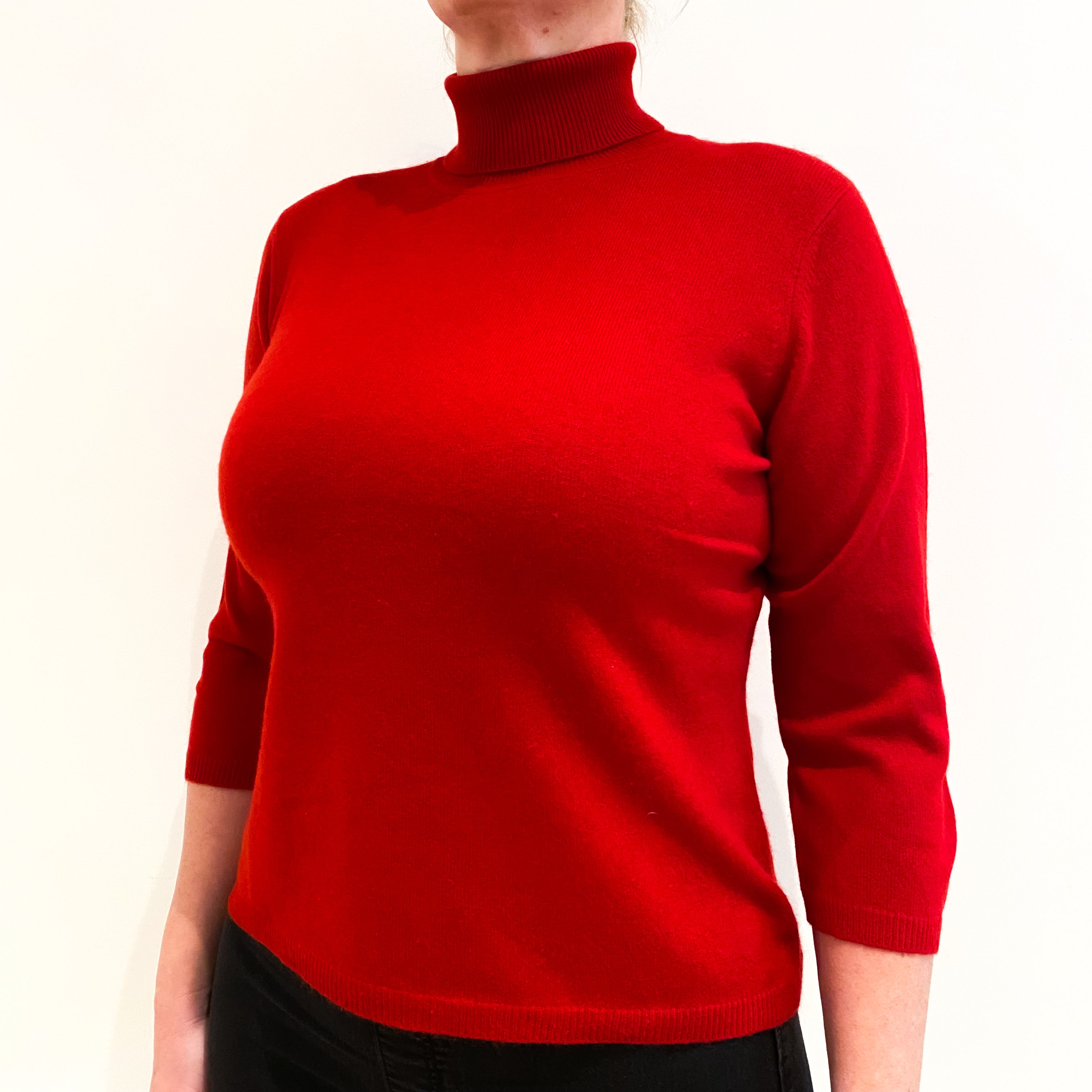 Scarlet Red 3/4 Sleeve Cashmere Polo Neck Jumper Large