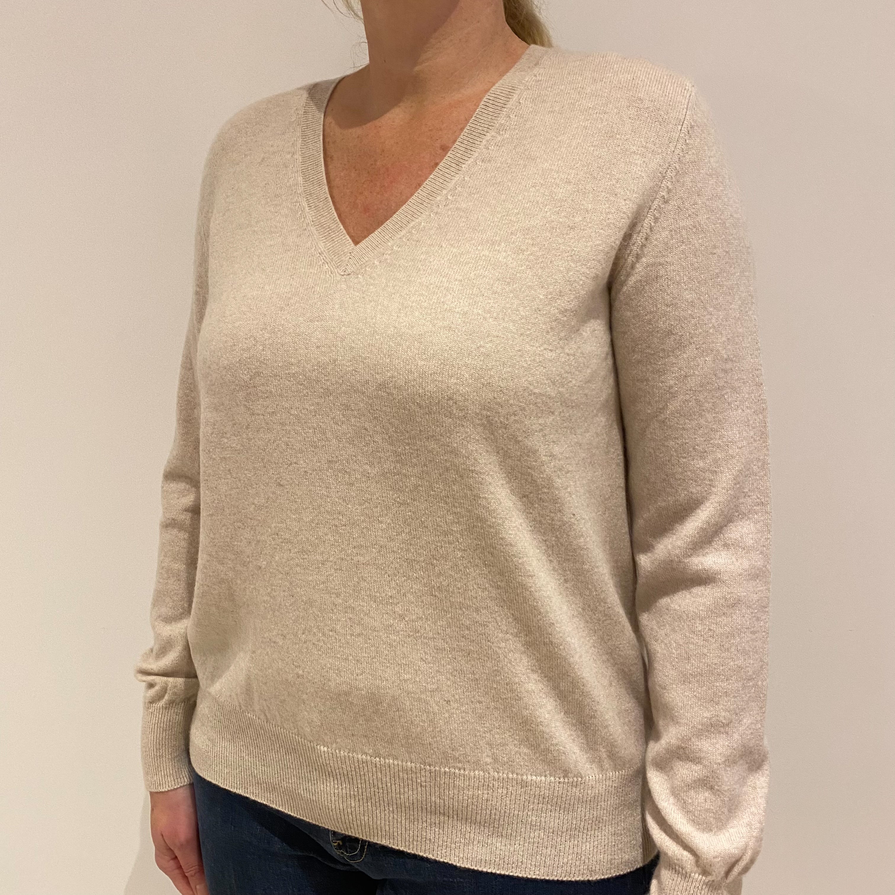 Oatmeal Cashmere V-Neck Jumper Large