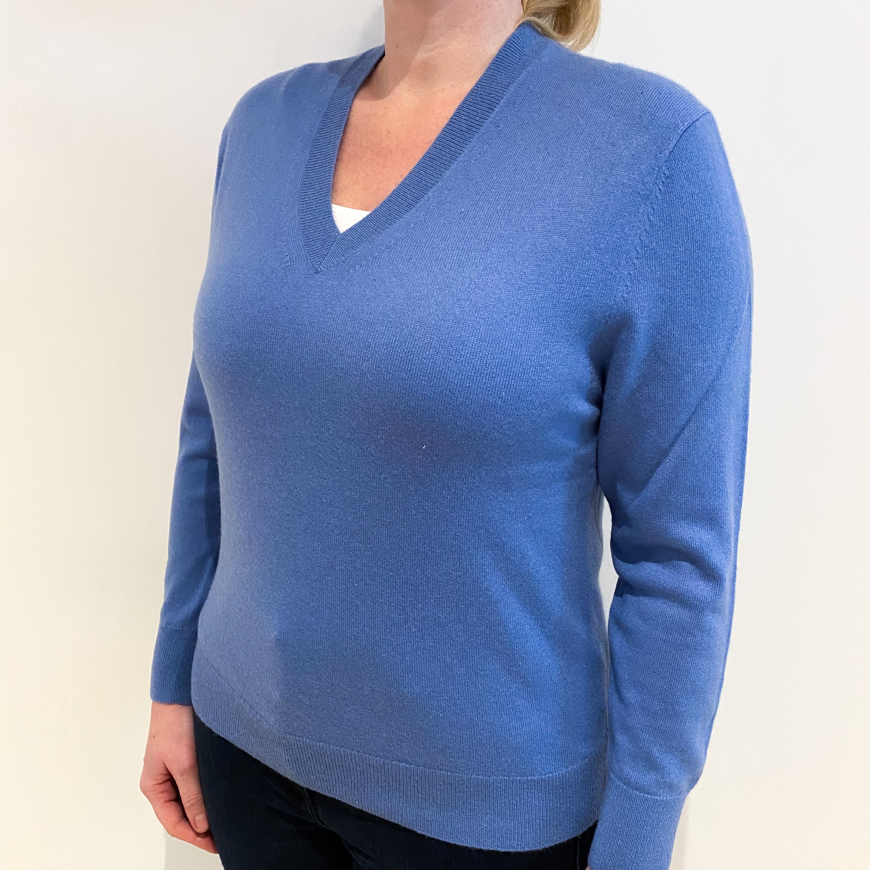 Deep Sky Blue Cashmere V Neck Jumper Large