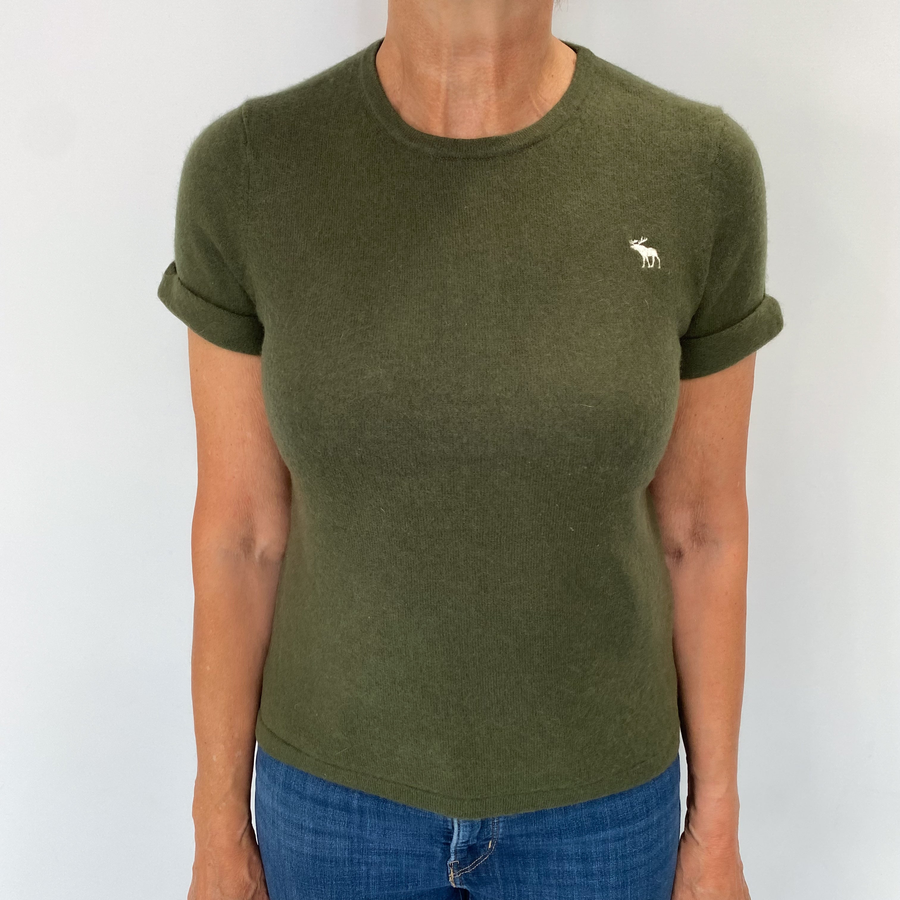 Deep Khaki Cashmere Short Sleeved Crew Neck Jumper Medium