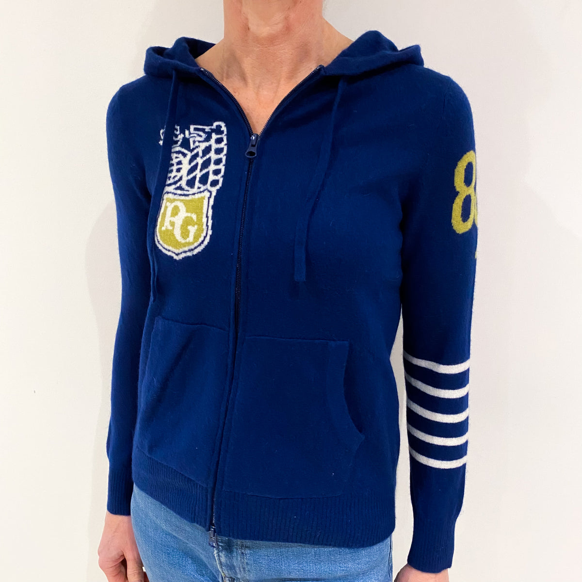 French Navy Cashmere Zip Up Logo Hoodie Small