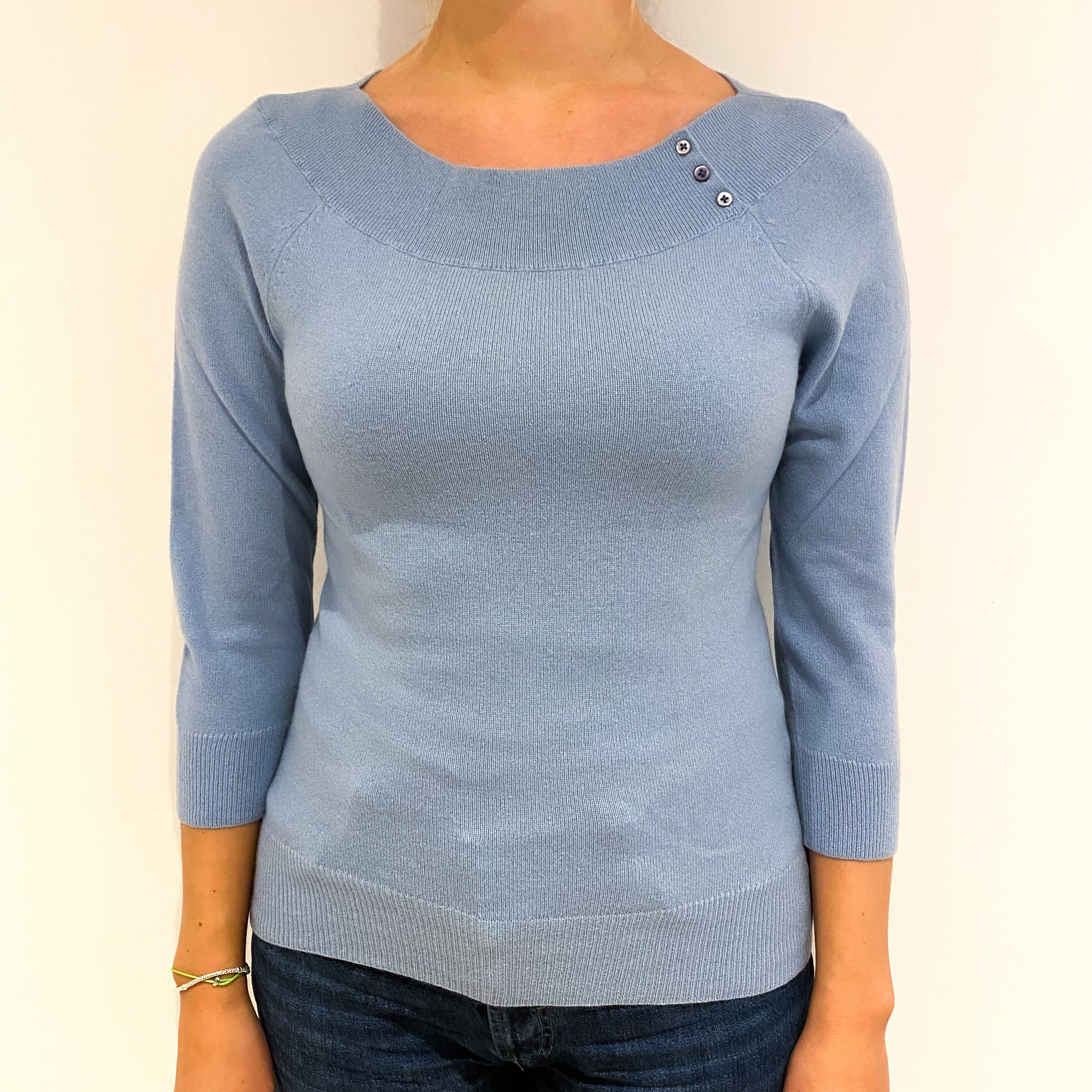 Powder Blue 3/4 Sleeve Cashmere Boat Neck Jumper Small