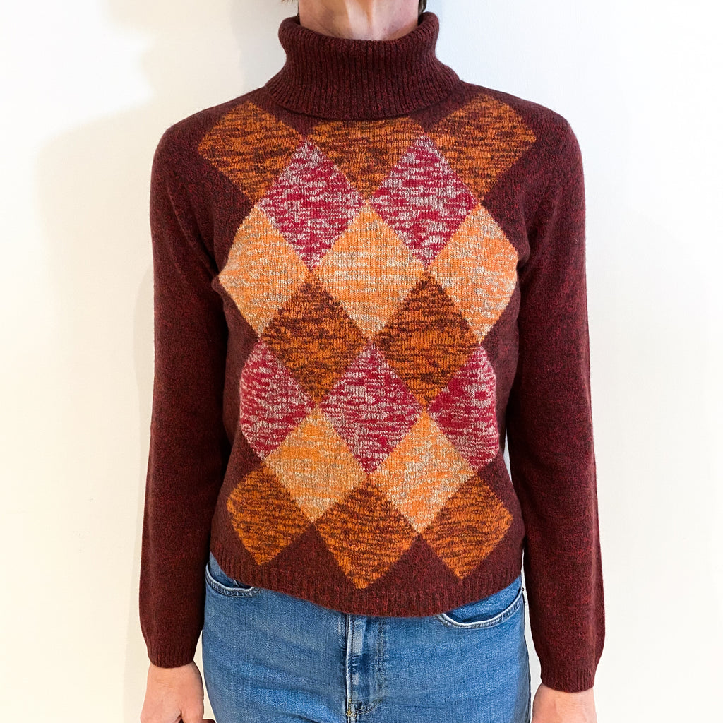 Red Marl Diamond Cashmere Polo Neck Jumper Small