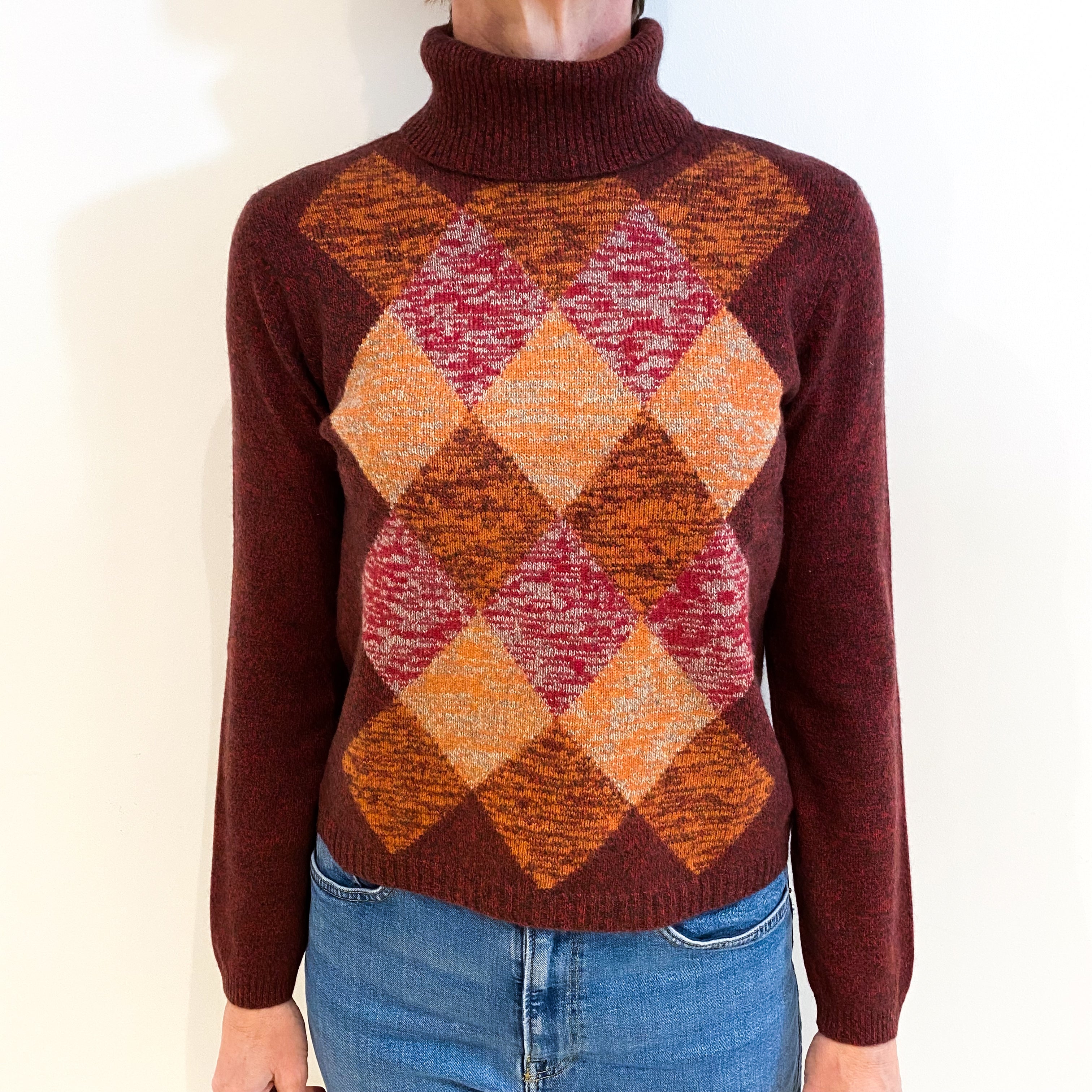 Red Marl Diamond Cashmere Polo Neck Jumper Small