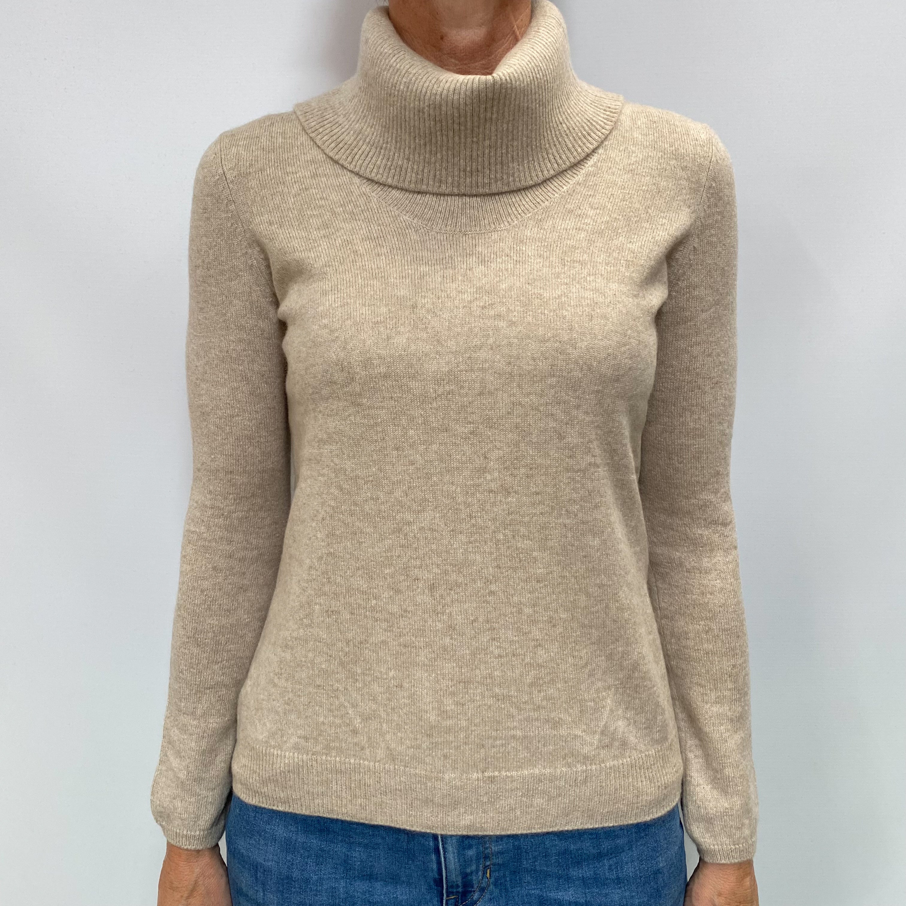 Oatmeal Beige Cashmere Polo Neck Jumper Small