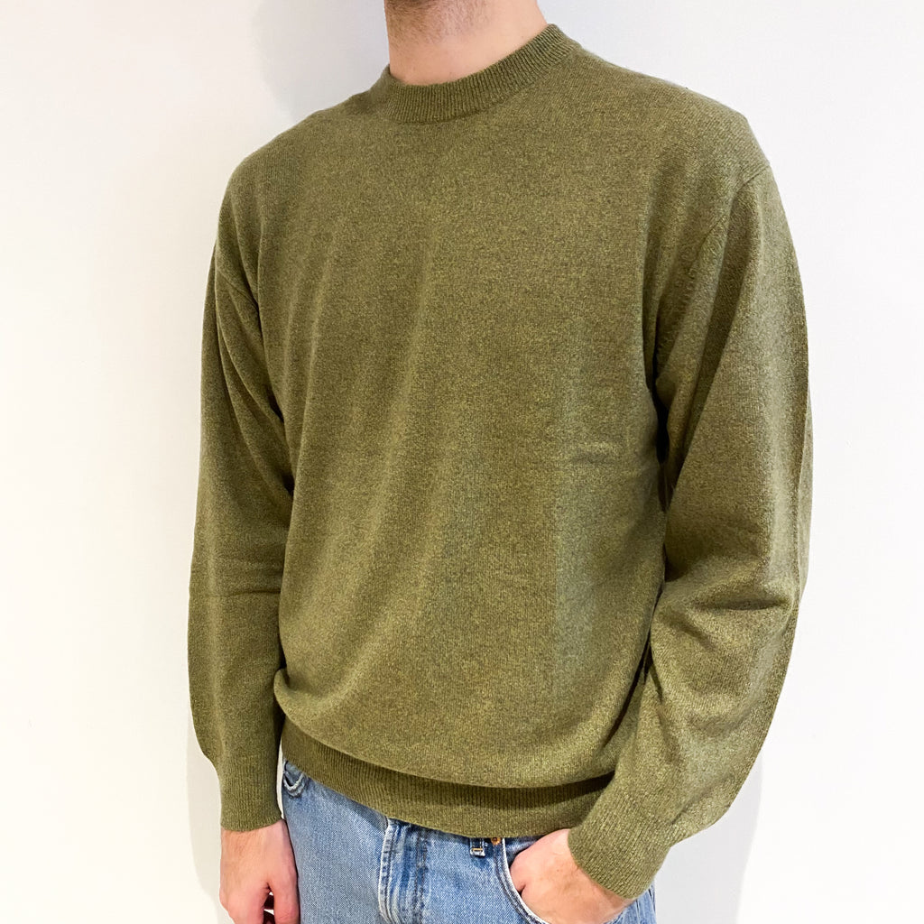 Men's Pistachio Green Marl Cashmere Crew Neck Jumper Large