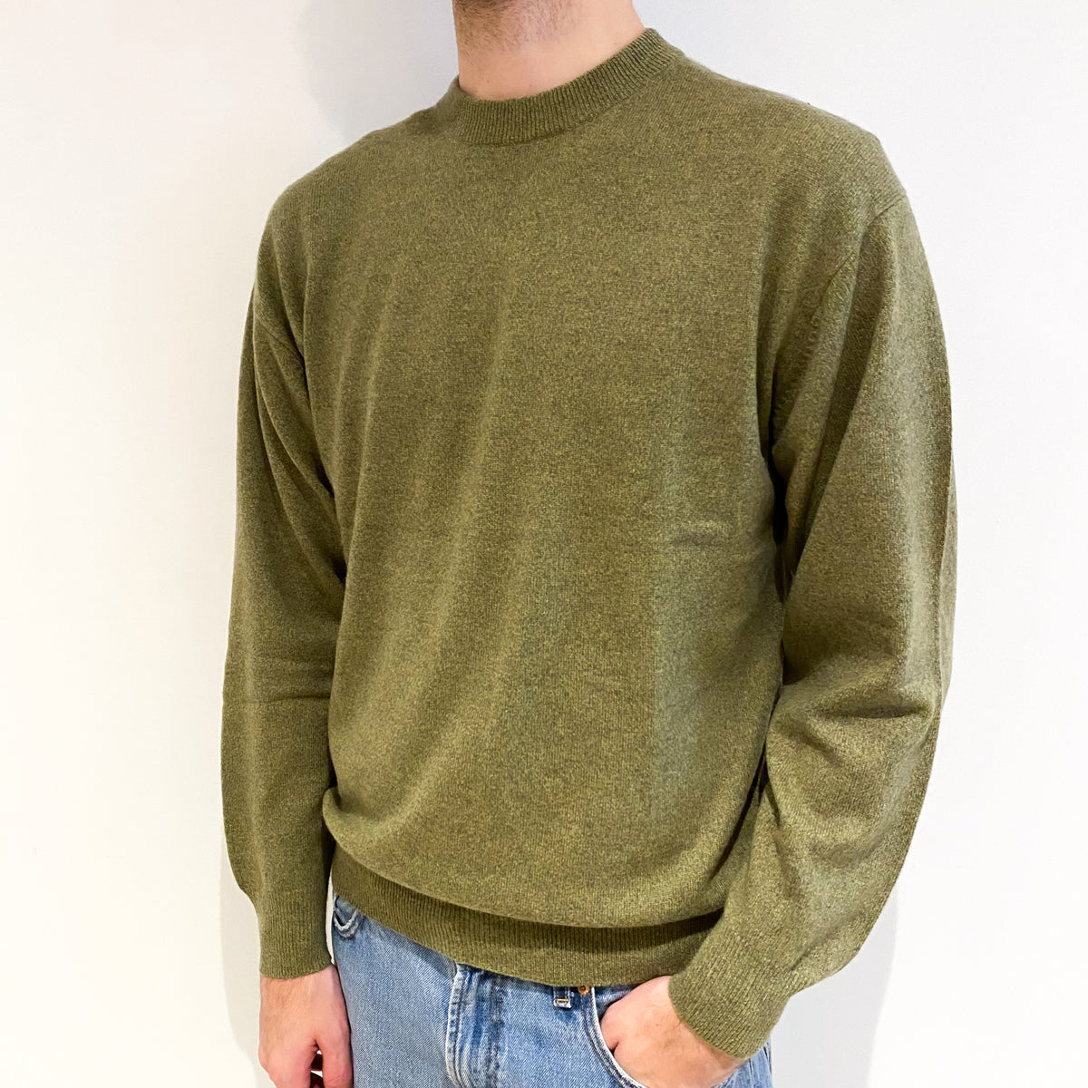 Men's Pistachio Green Marl Cashmere Crew Neck Jumper Large