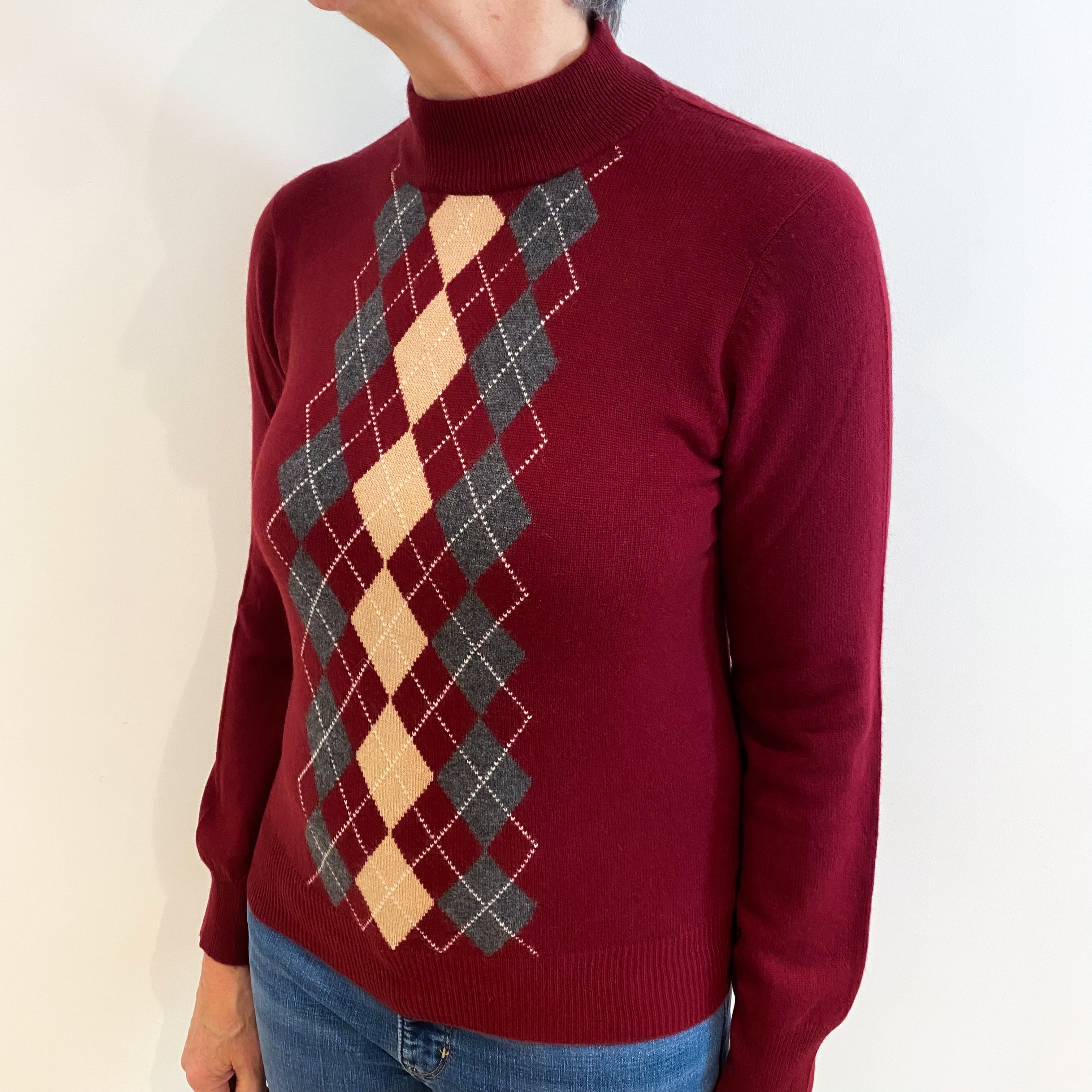 Burgundy Red Argyle Cashmere Polo Neck Jumper Medium