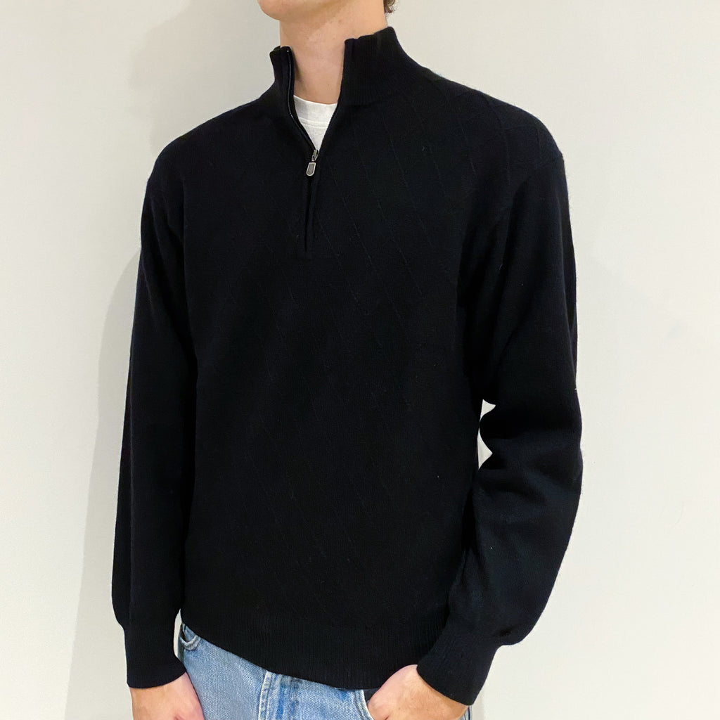 Men's Black Diamond Textured Cashmere 1/4 Zip Jumper Large