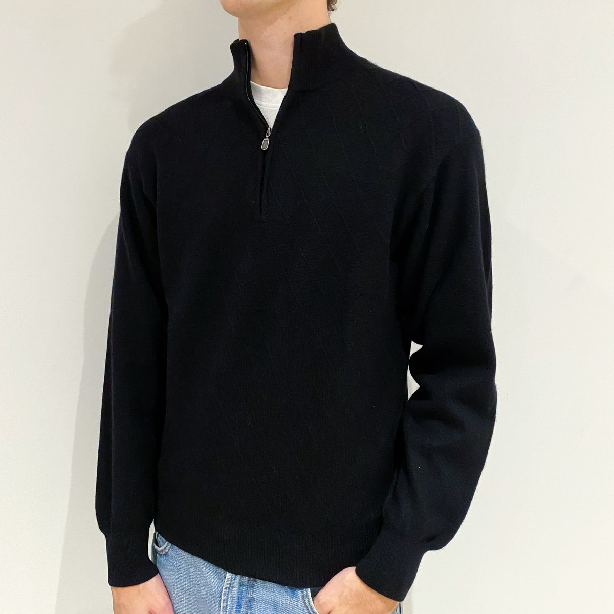 Men's Black Diamond Textured Cashmere 1/4 Zip Jumper Large