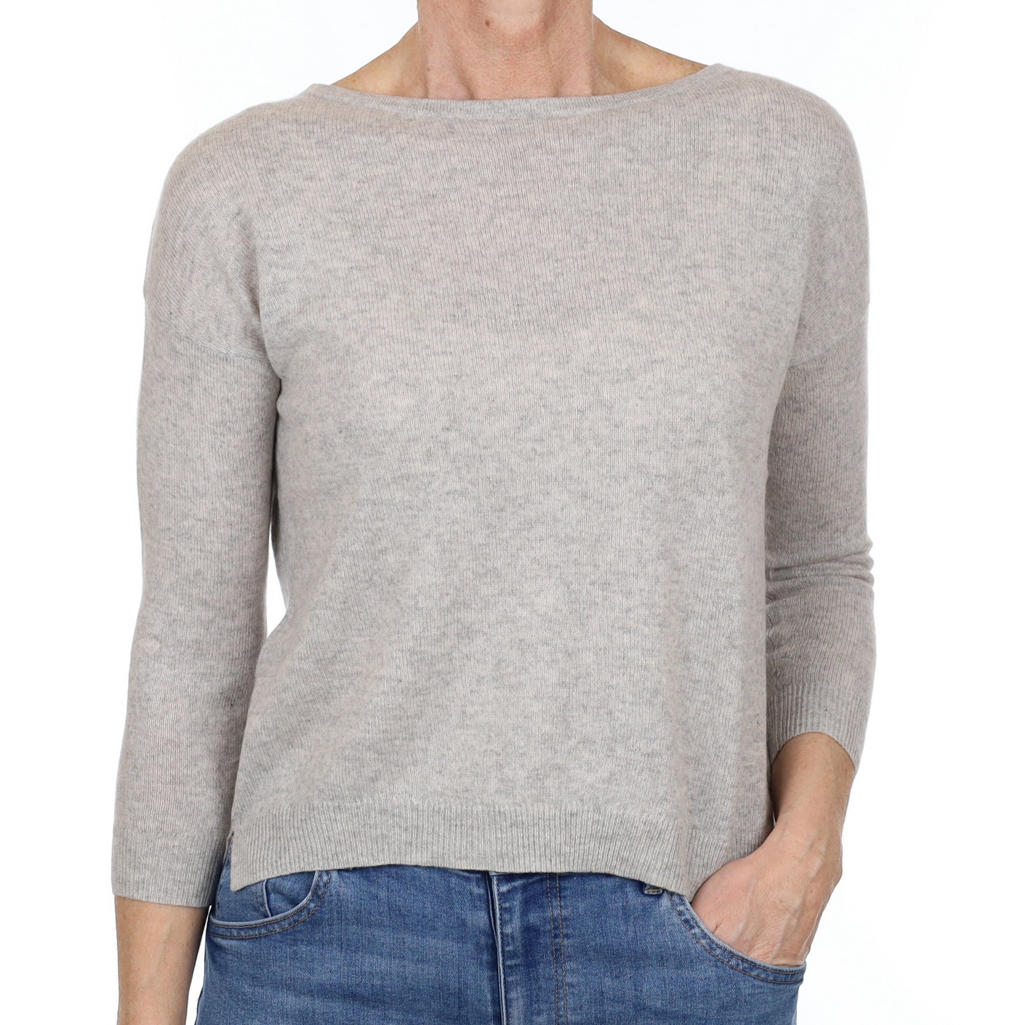 Mist Grey Cashmere Button Back Slash Neck Jumper Small