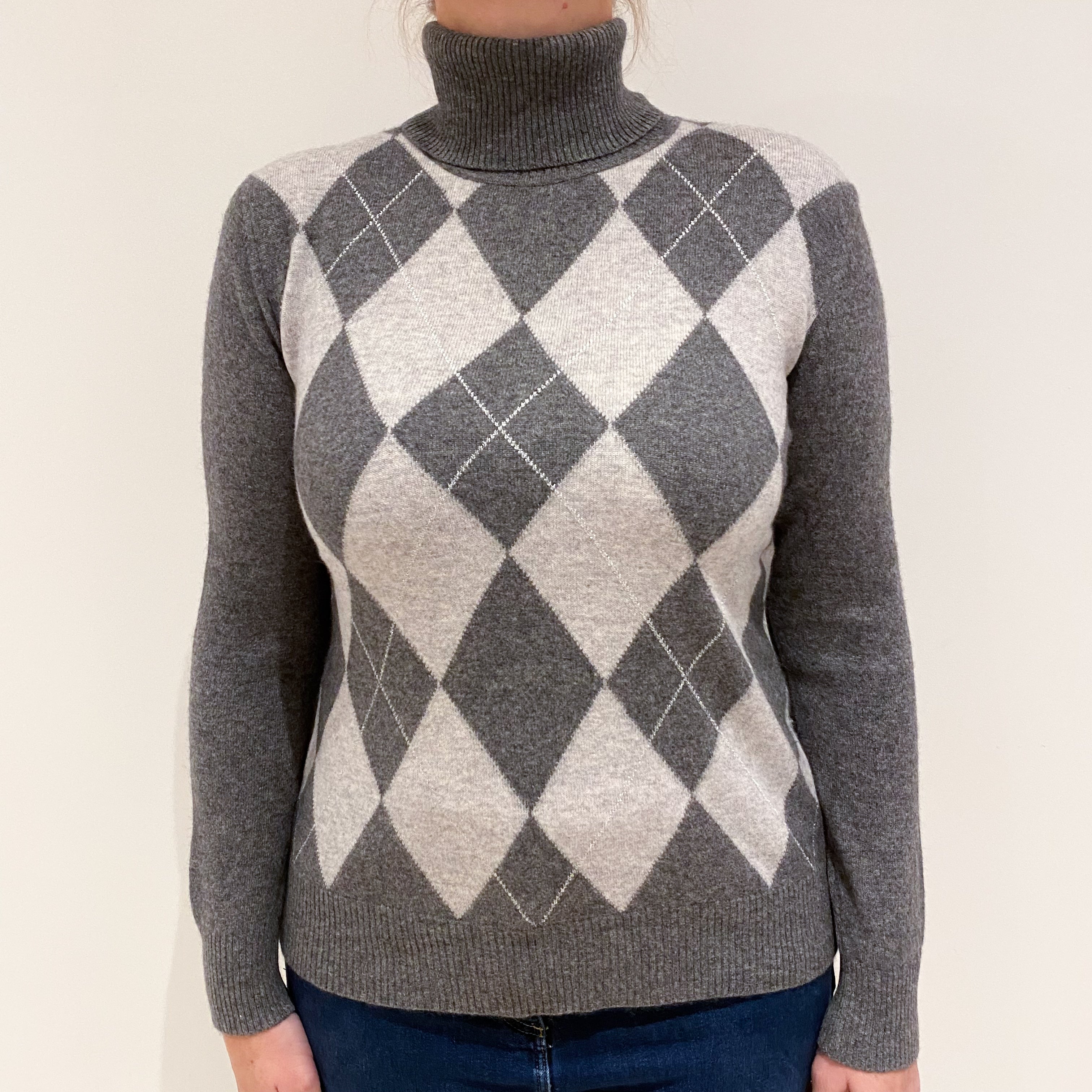 Slate Grey Argyle Cashmere Polo Neck Jumper Large