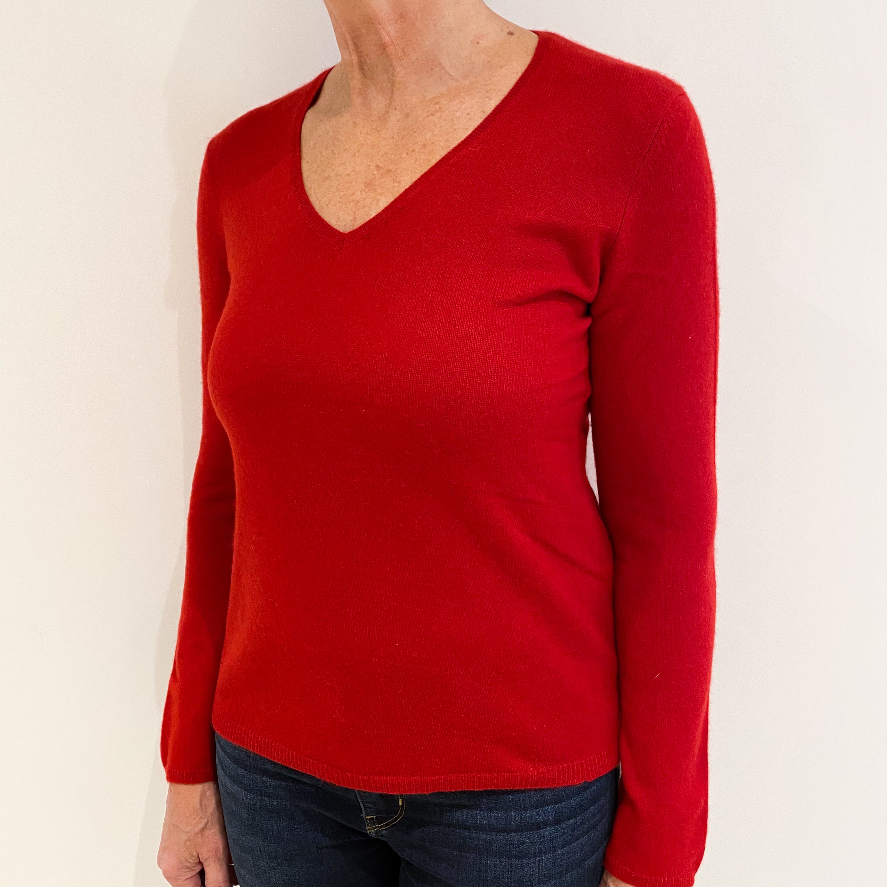 Scarlet Red Cashmere V-Neck Jumper Medium