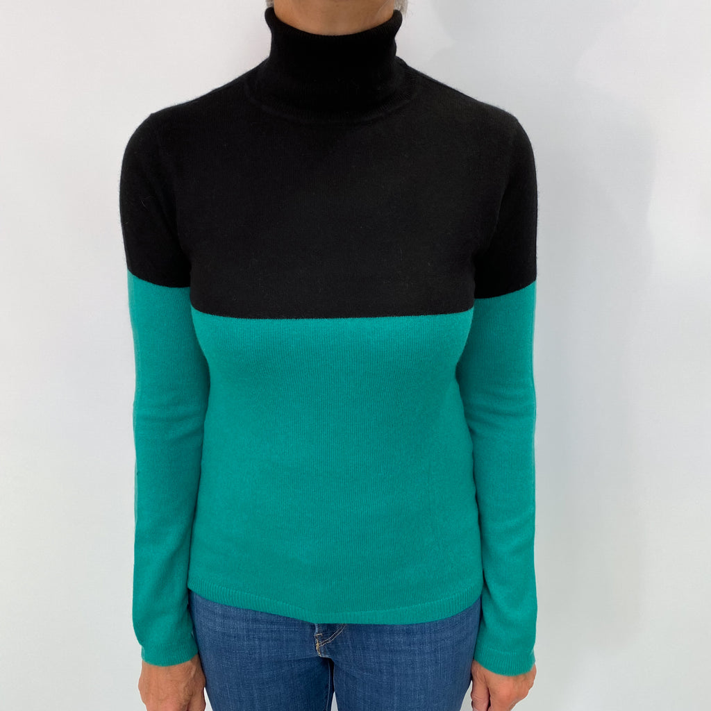 Black and Parakeet Green Colourblock Cashmere Polo Neck Jumper Medium