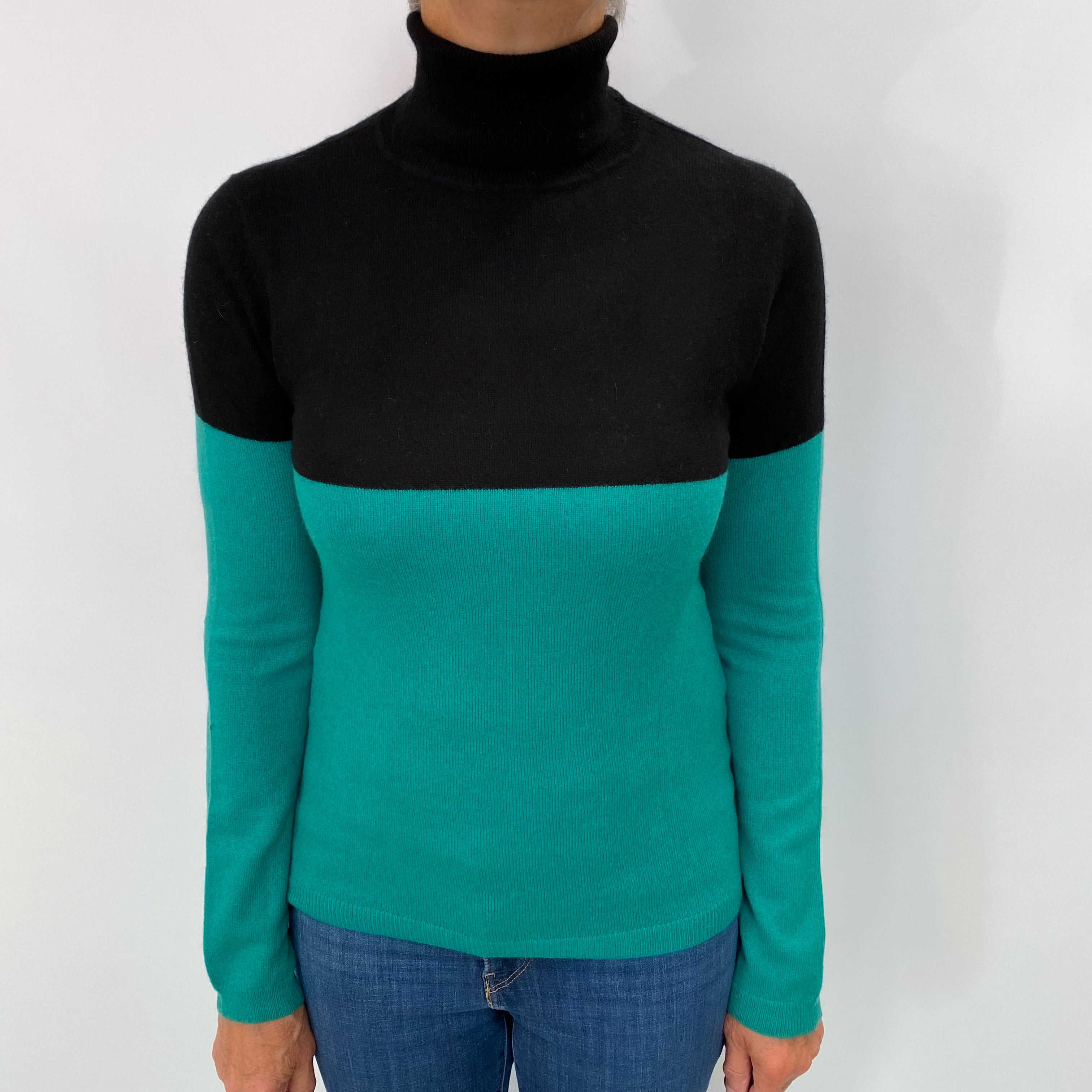 Black and Parakeet Green Colourblock Cashmere Polo Neck Jumper Medium