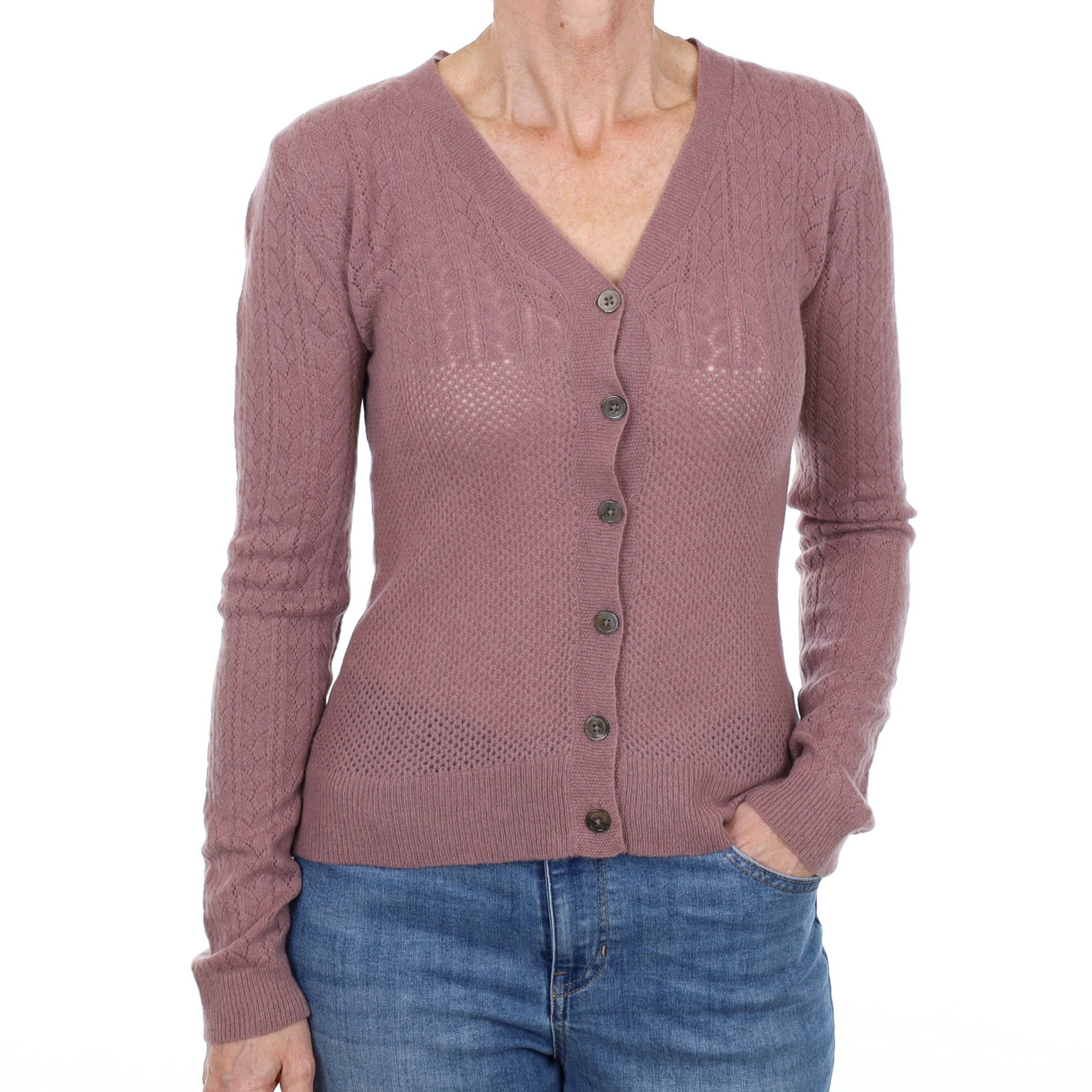 Dusky Heather Pink Cashmere V Neck Cardigan Small