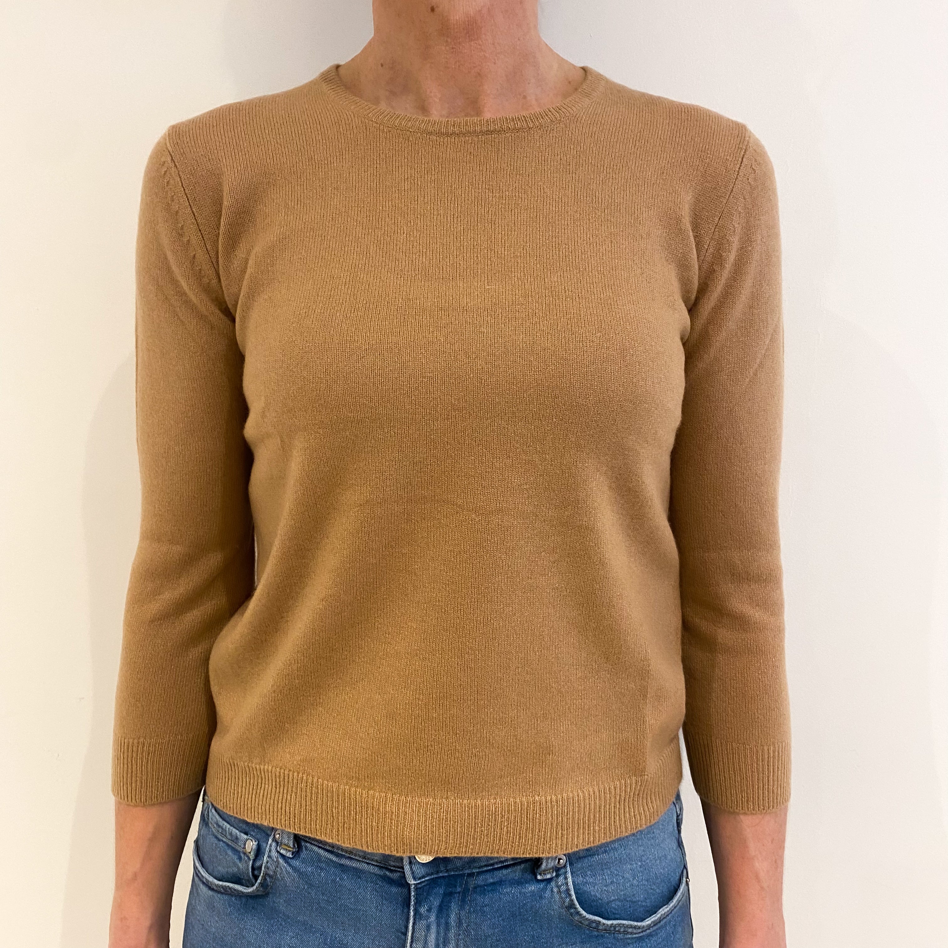 Camel Brown 3/4 Sleeve Cashmere Crew Neck Jumper Small