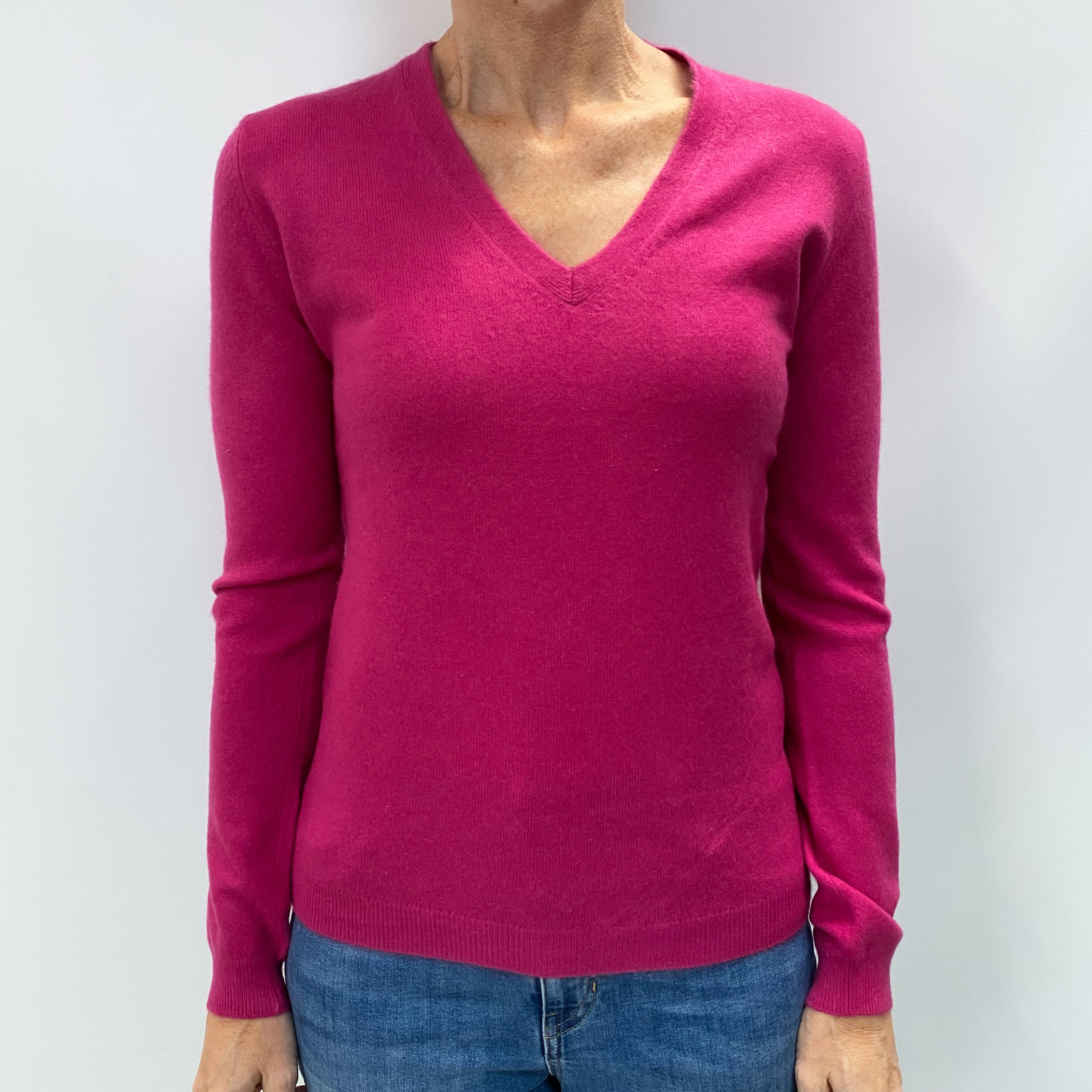 Fuchsia Pink Cashmere V Neck Jumper Small