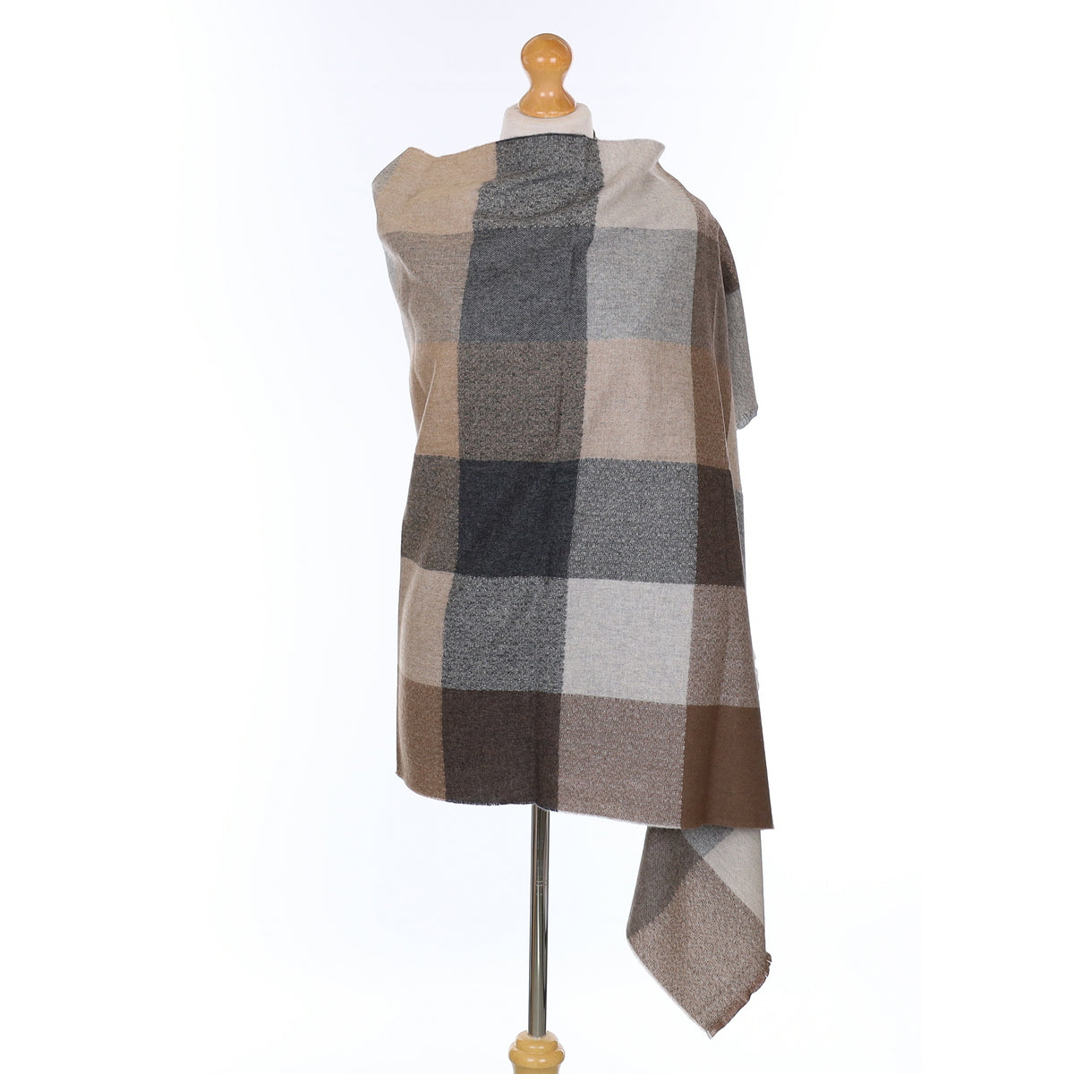 Brand New Scottish Alex Begg Mocha and Grey Chequered Woven Cashmere Stole