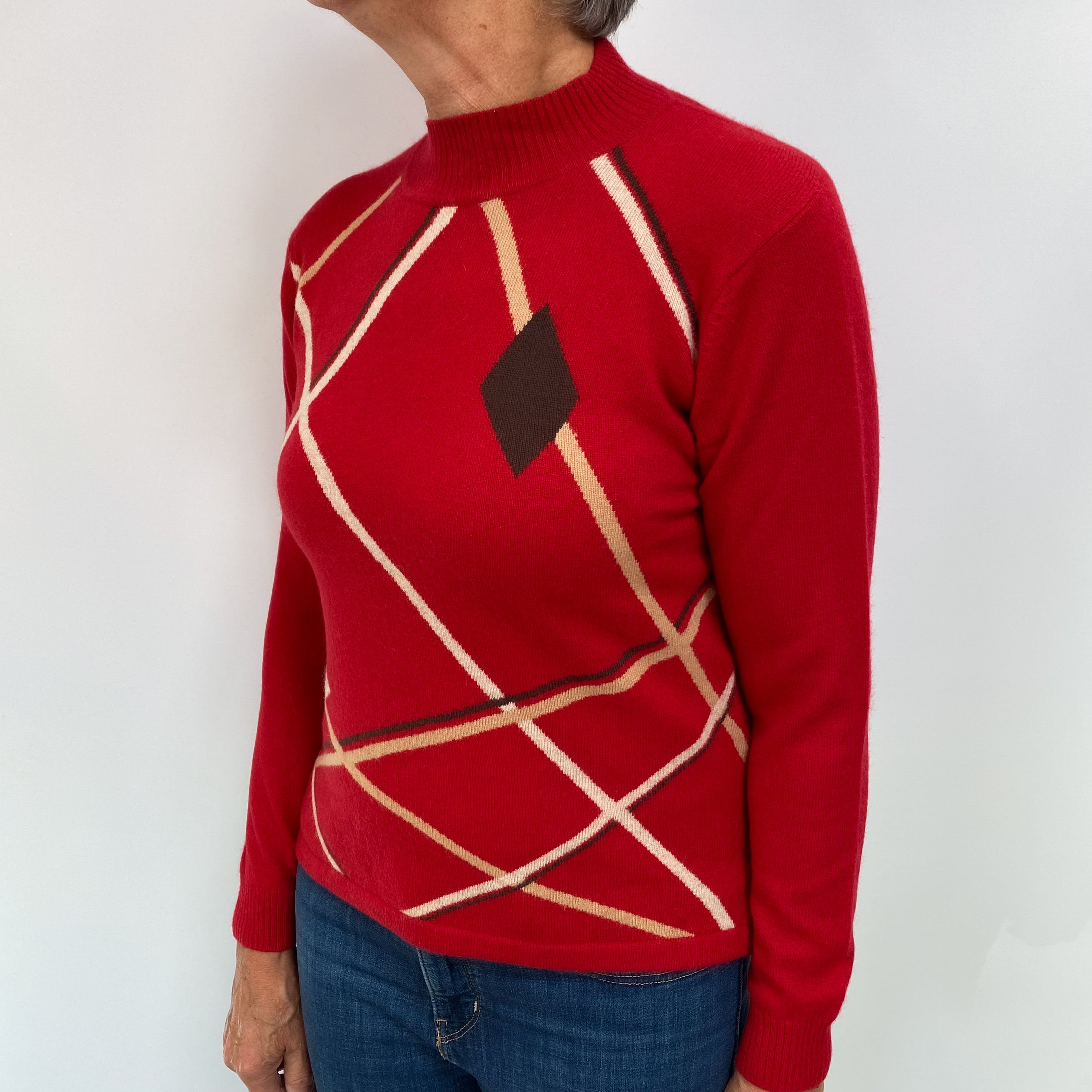 Red Patterned Cashmere Turtle Neck Jumper Medium