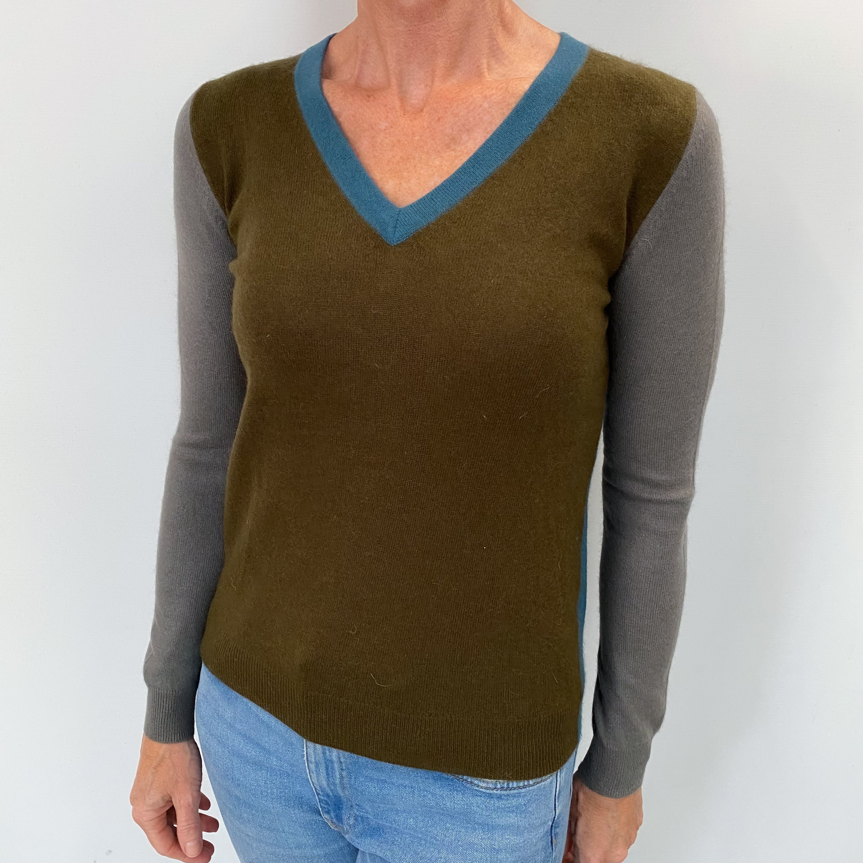 Blue Khaki and Grey Cashmere V Neck Jumper Small