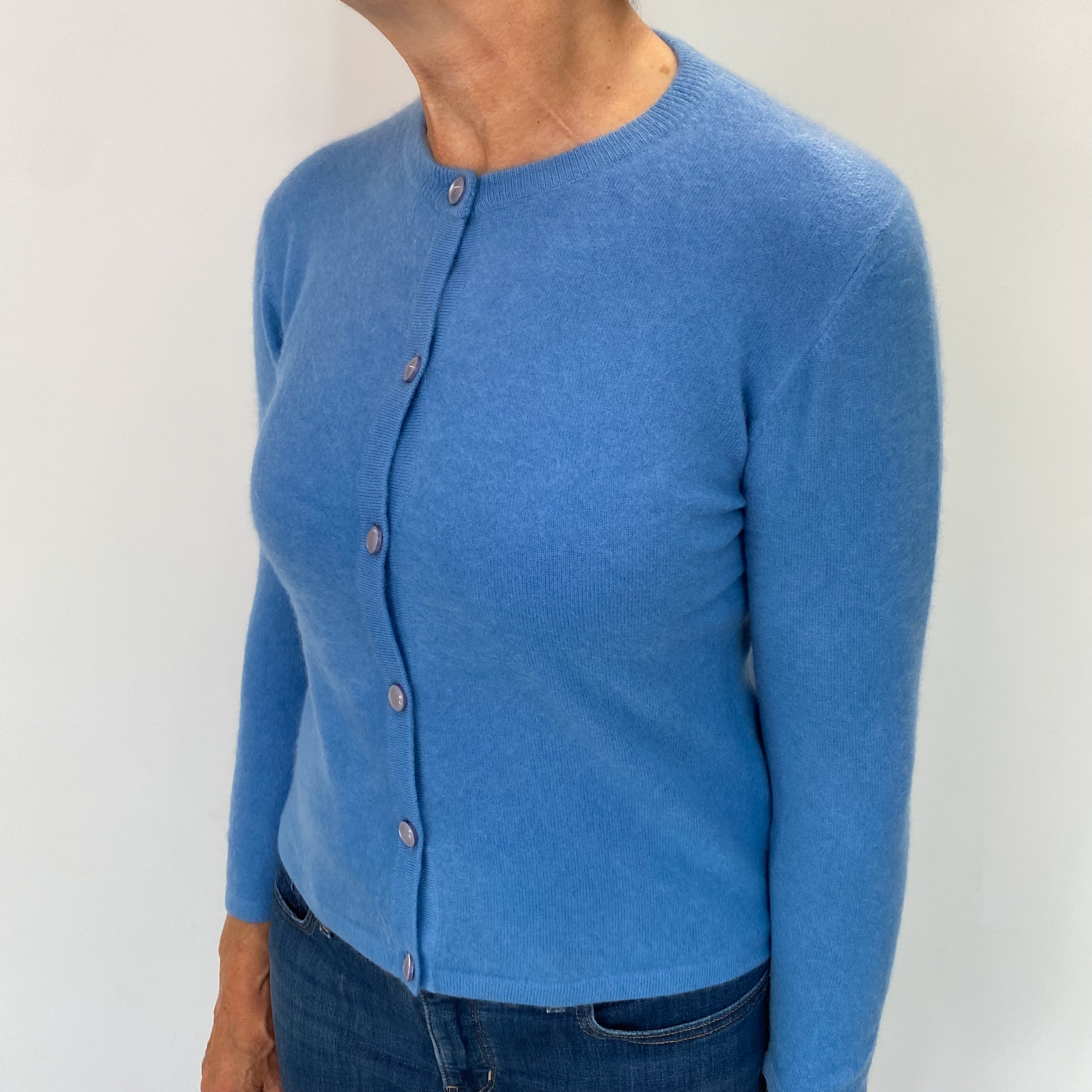 Cornflower Blue Cashmere Crew Neck Cardigan Medium