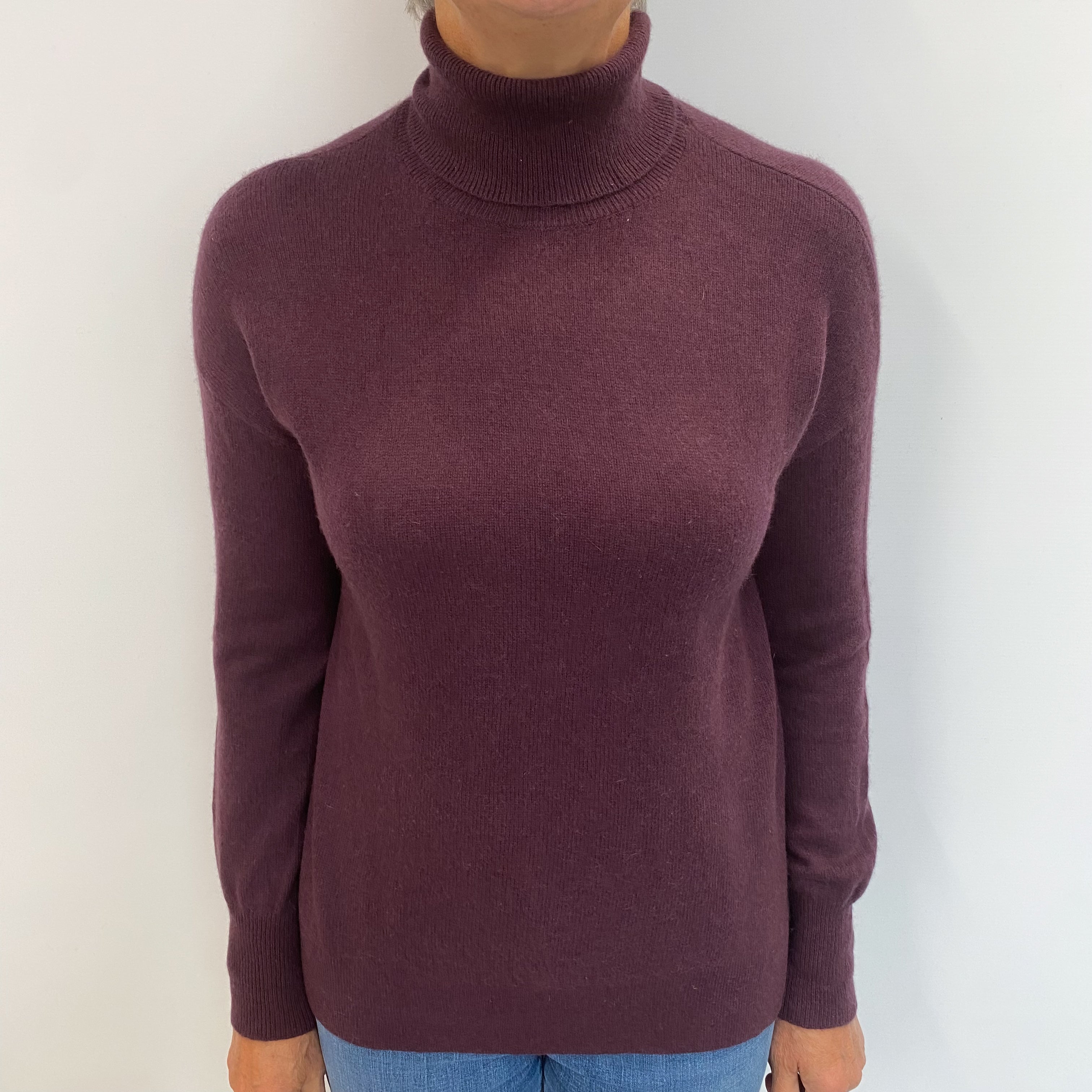 Aubergine Purple Cashmere Polo Neck Jumper Medium