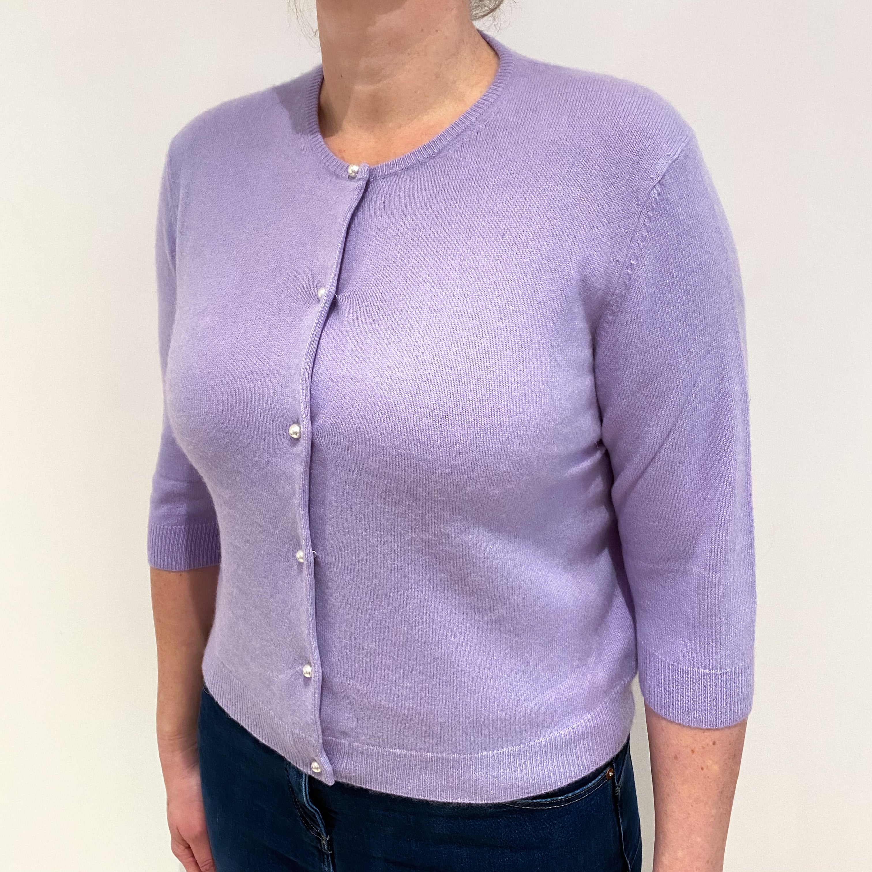 Lavender Purple Cashmere Cropped Crew Neck Cardigan Large