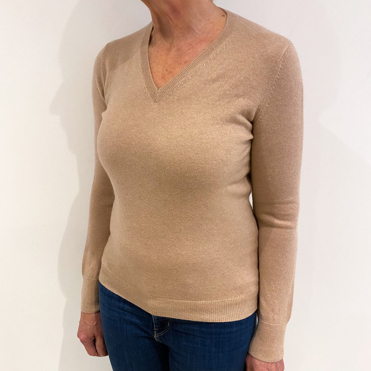 Nude Beige Cashmere V Neck Jumper Medium