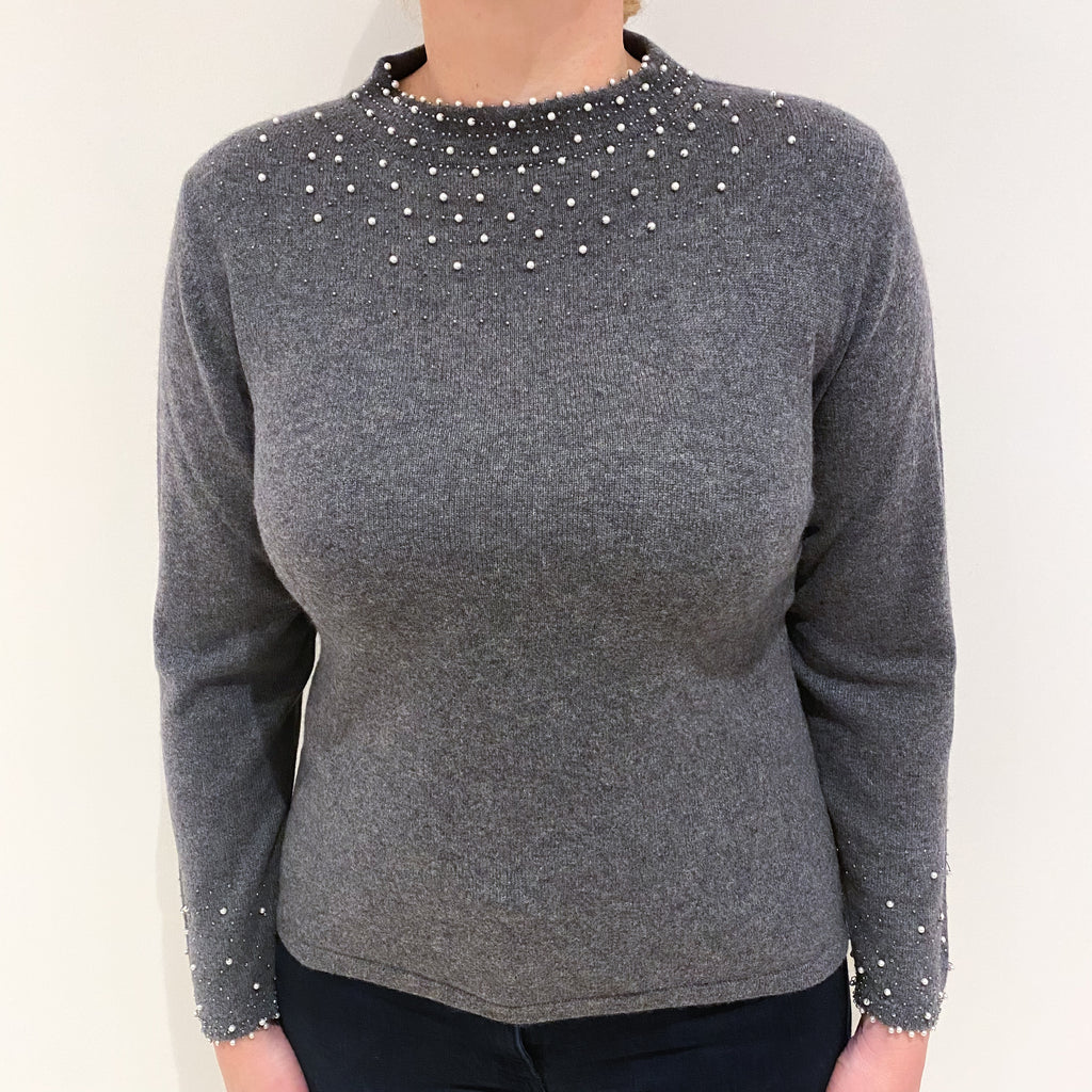 Slate Grey Embellished Cashmere Turtle Neck Jumper Large