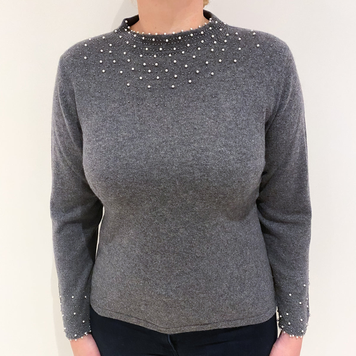 Slate Grey Embellished Cashmere Turtle Neck Jumper Large