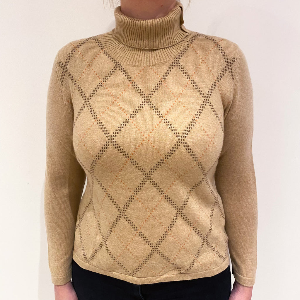 Caramel Brown Diamond Cashmere Polo Neck Jumper Large