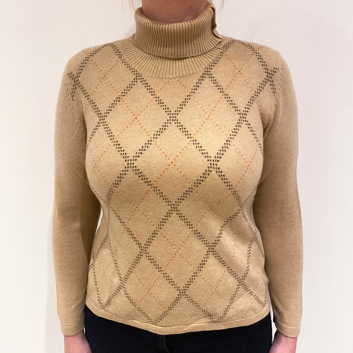 Caramel Brown Diamond Cashmere Polo Neck Jumper Large