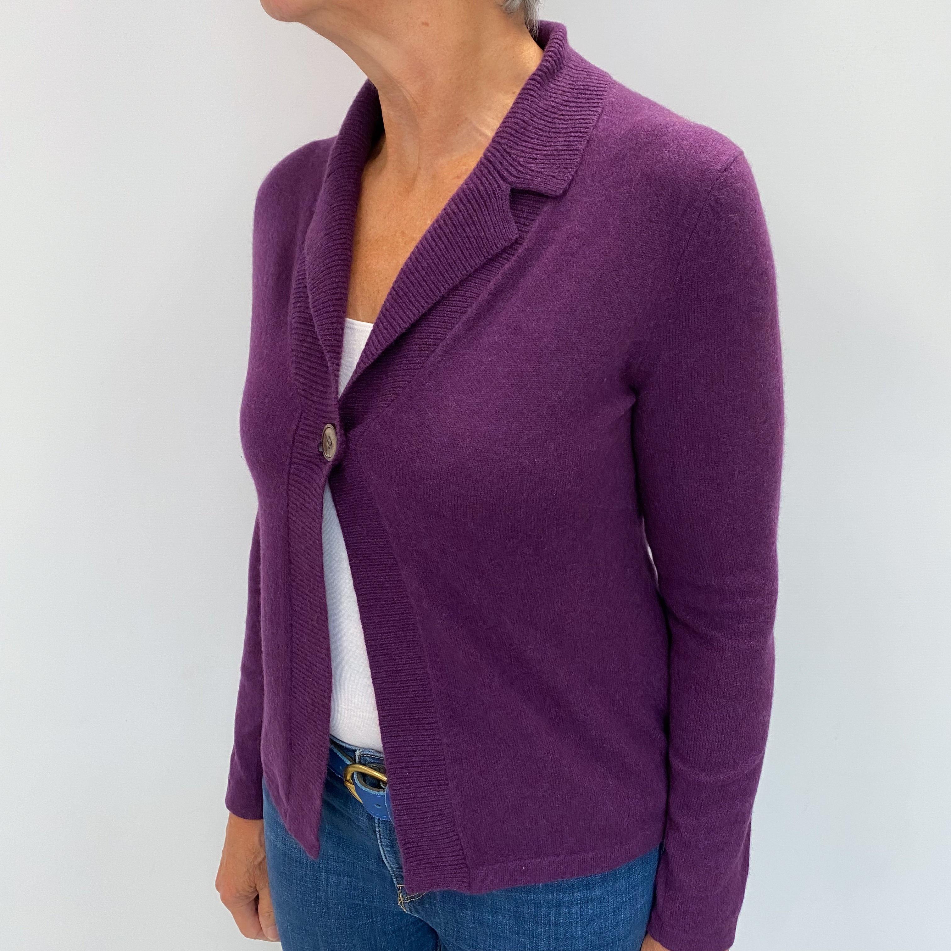 Plum Purple Cashmere Collared V Neck Cardigan Medium