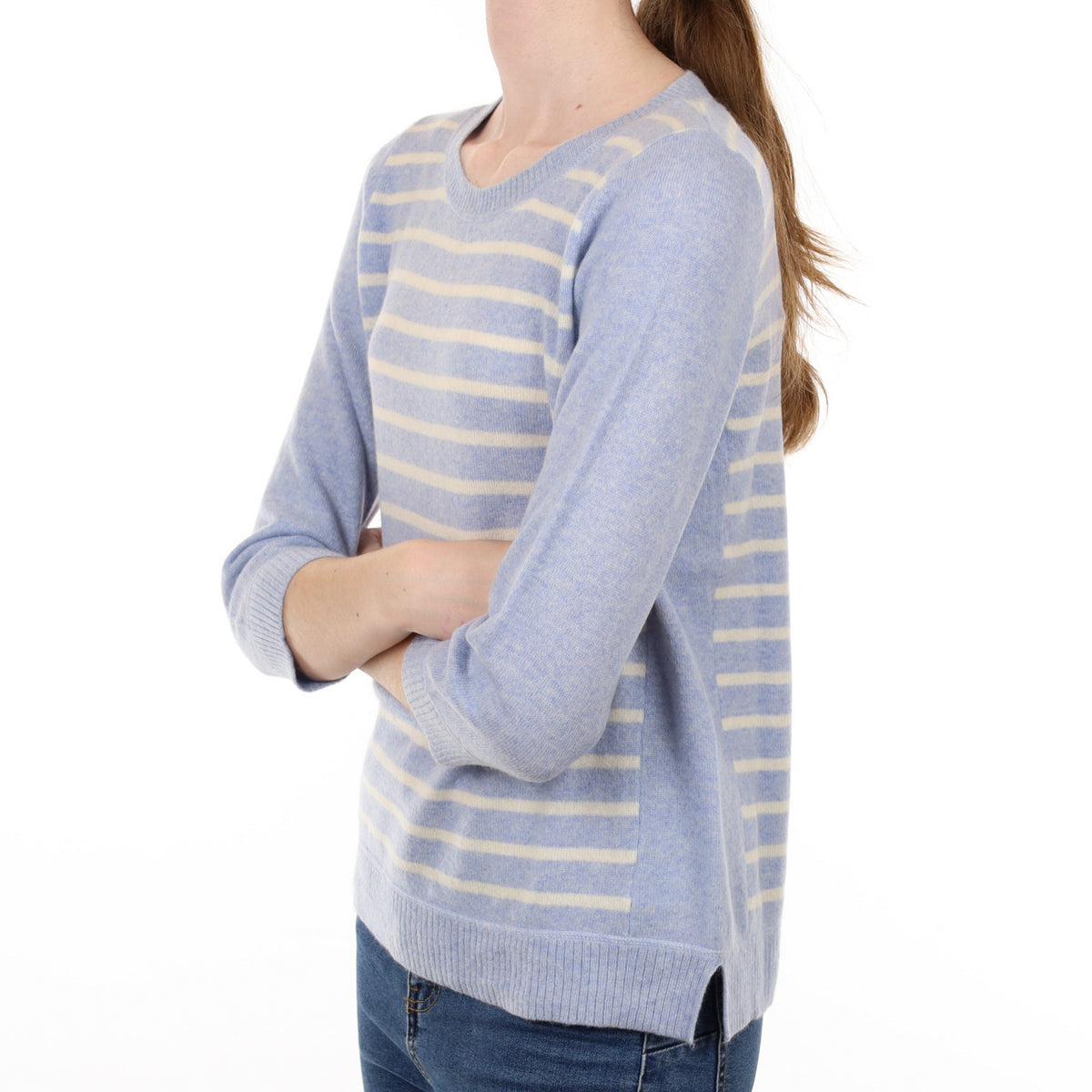 Pale Blue and Cream Striped Cashmere Crew Neck Jumper Extra Small