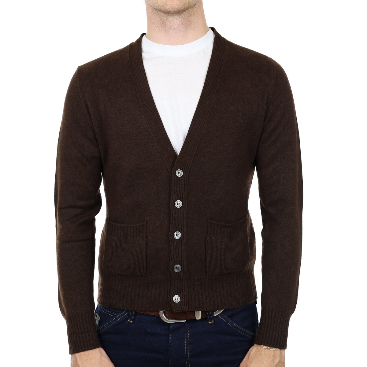 Men's Vintage Scottish N.Peal Brown Cashmere V Neck Cardigan Medium