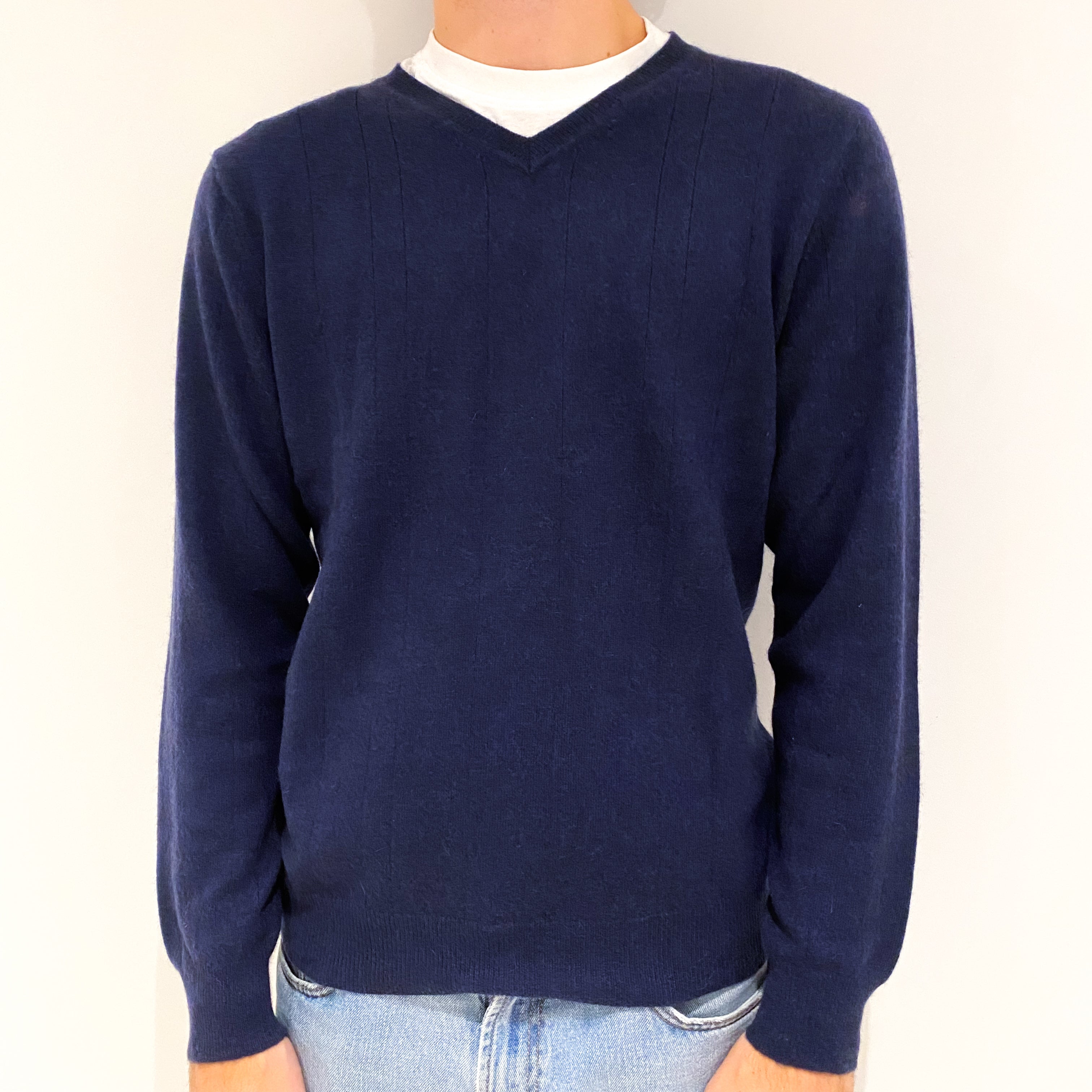 Men's Navy Blue Striped Patterned Knit Cashmere V-Neck Jumper Large