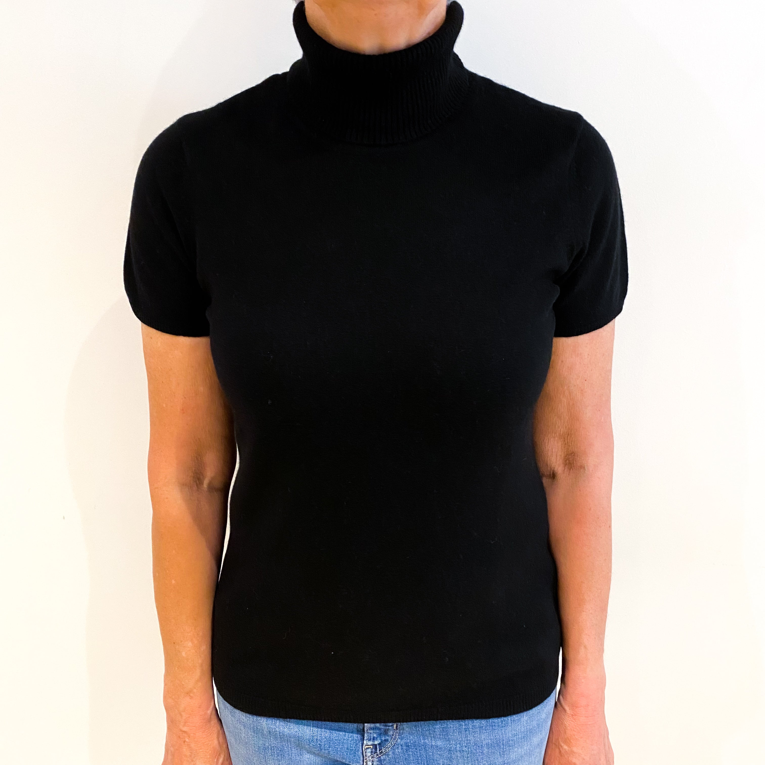 Black Cashmere Polo Neck Short Sleeved Jumper Medium