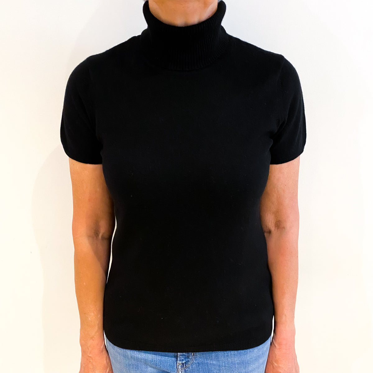 Black Cashmere Polo Neck Short Sleeved Jumper Medium