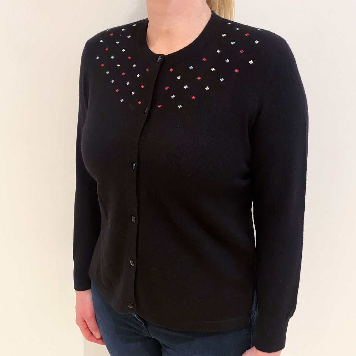 Black With Spot Pattern Cashmere Crew Neck Cardigan Large