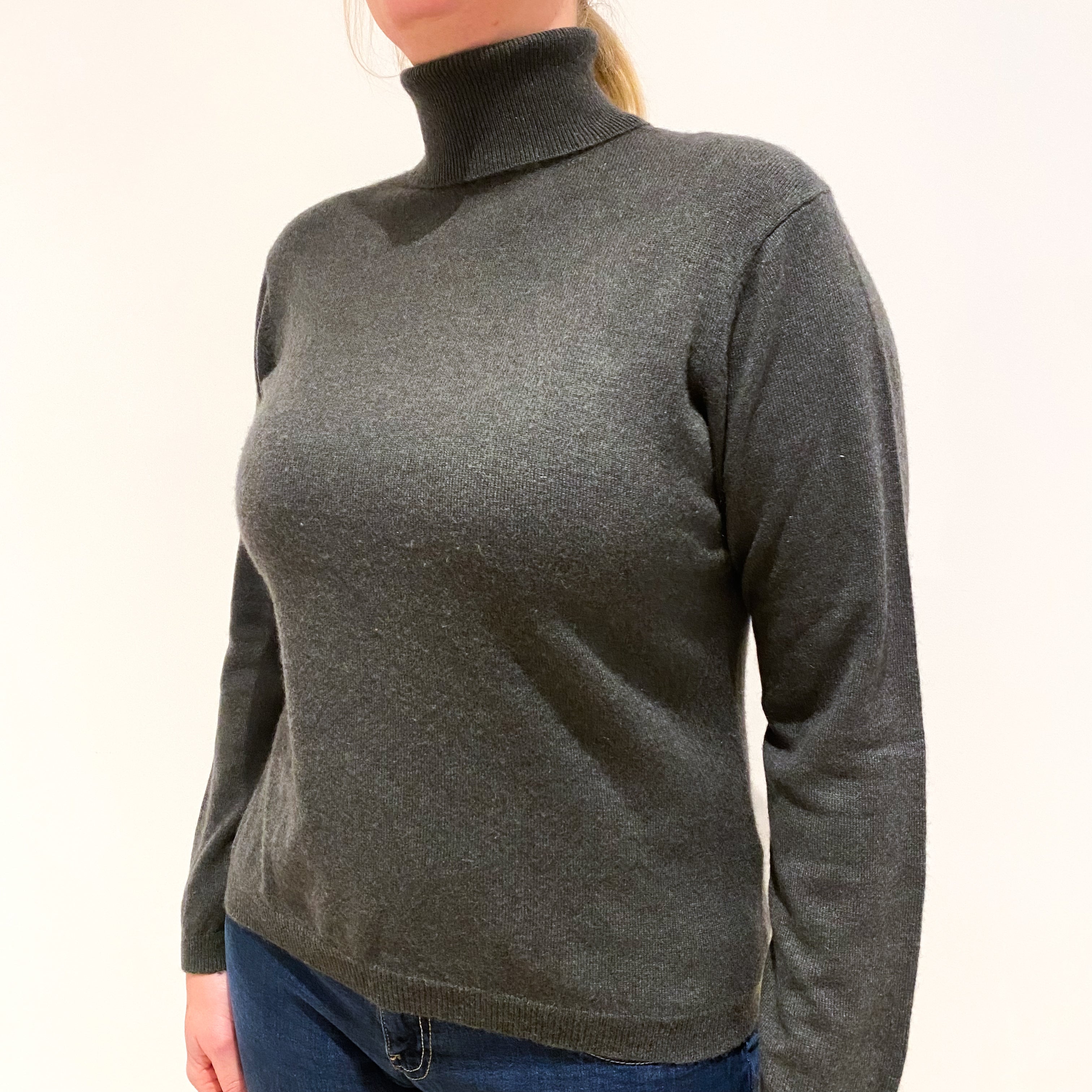 Seaweed Green Cashmere Polo Neck Jumper Large