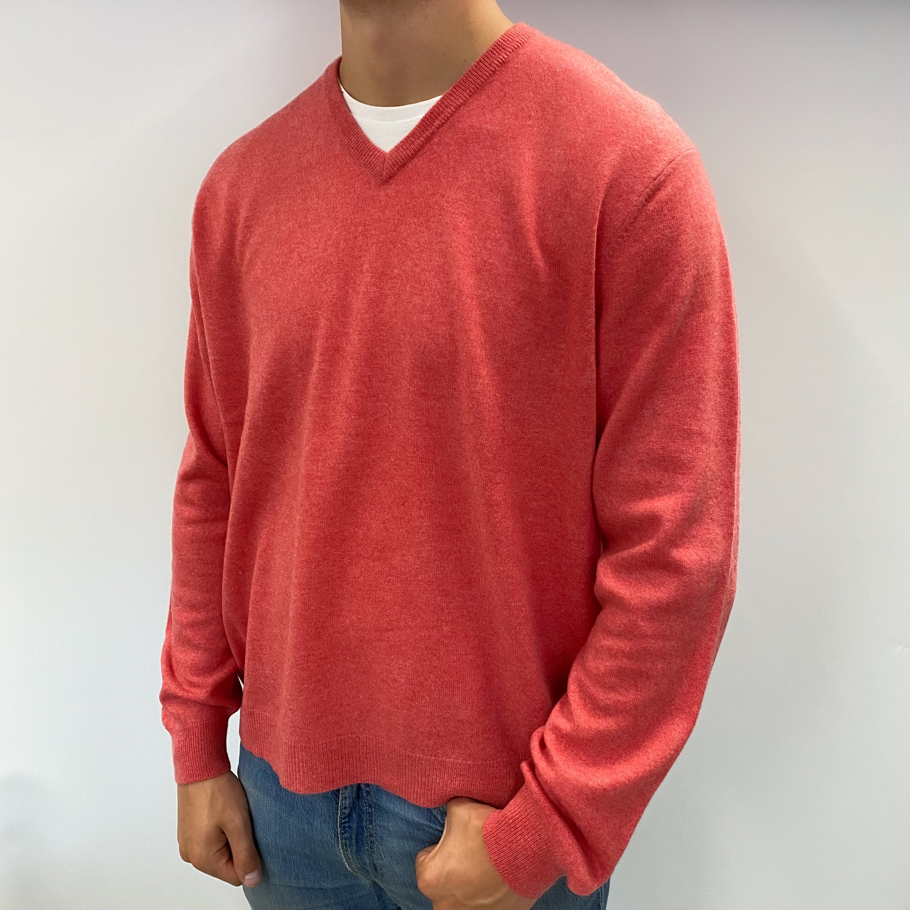Men's Coral Pink Cashmere V Neck Jumper XXL