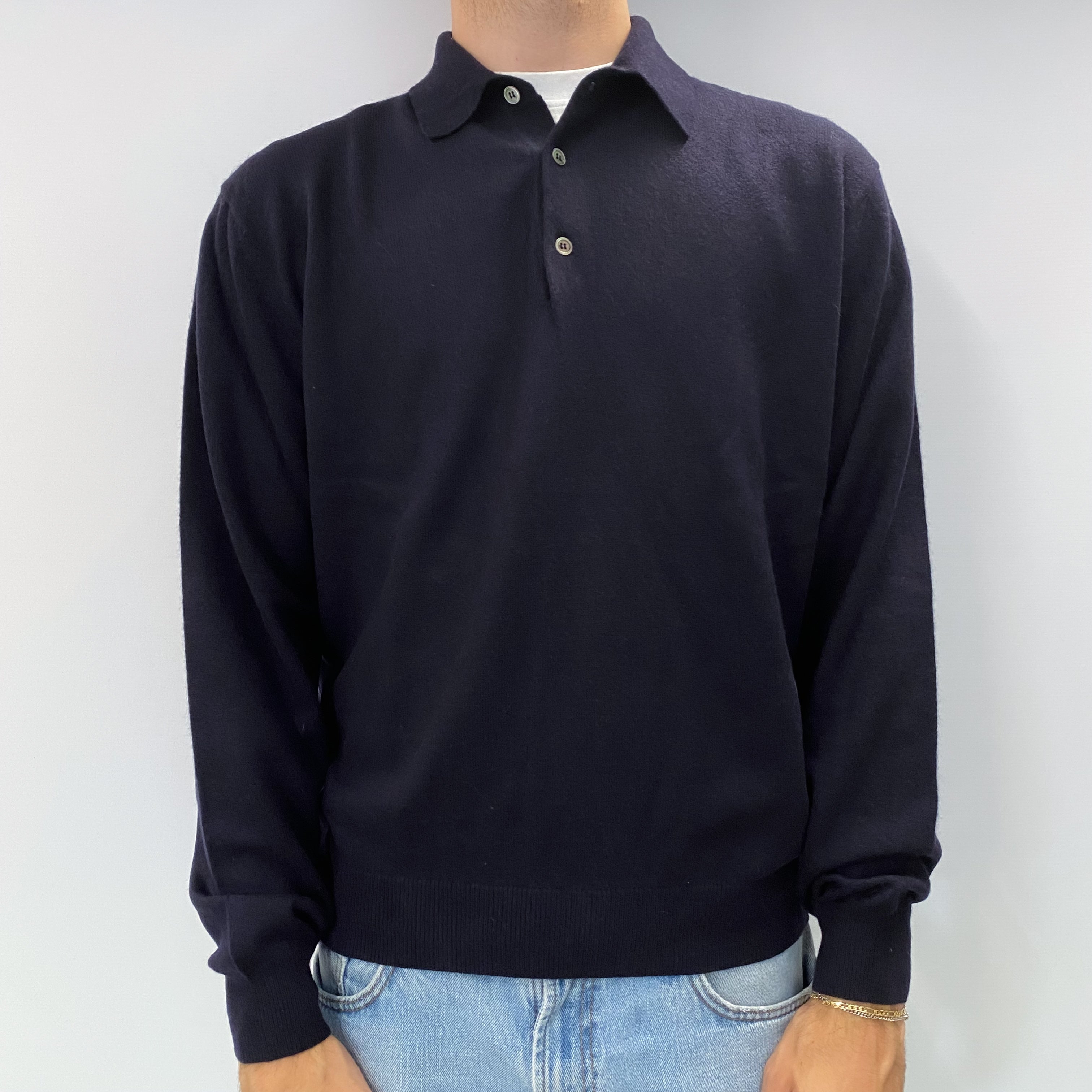 Men's Navy Blue Cashmere Polo Neck Collar Jumper Large