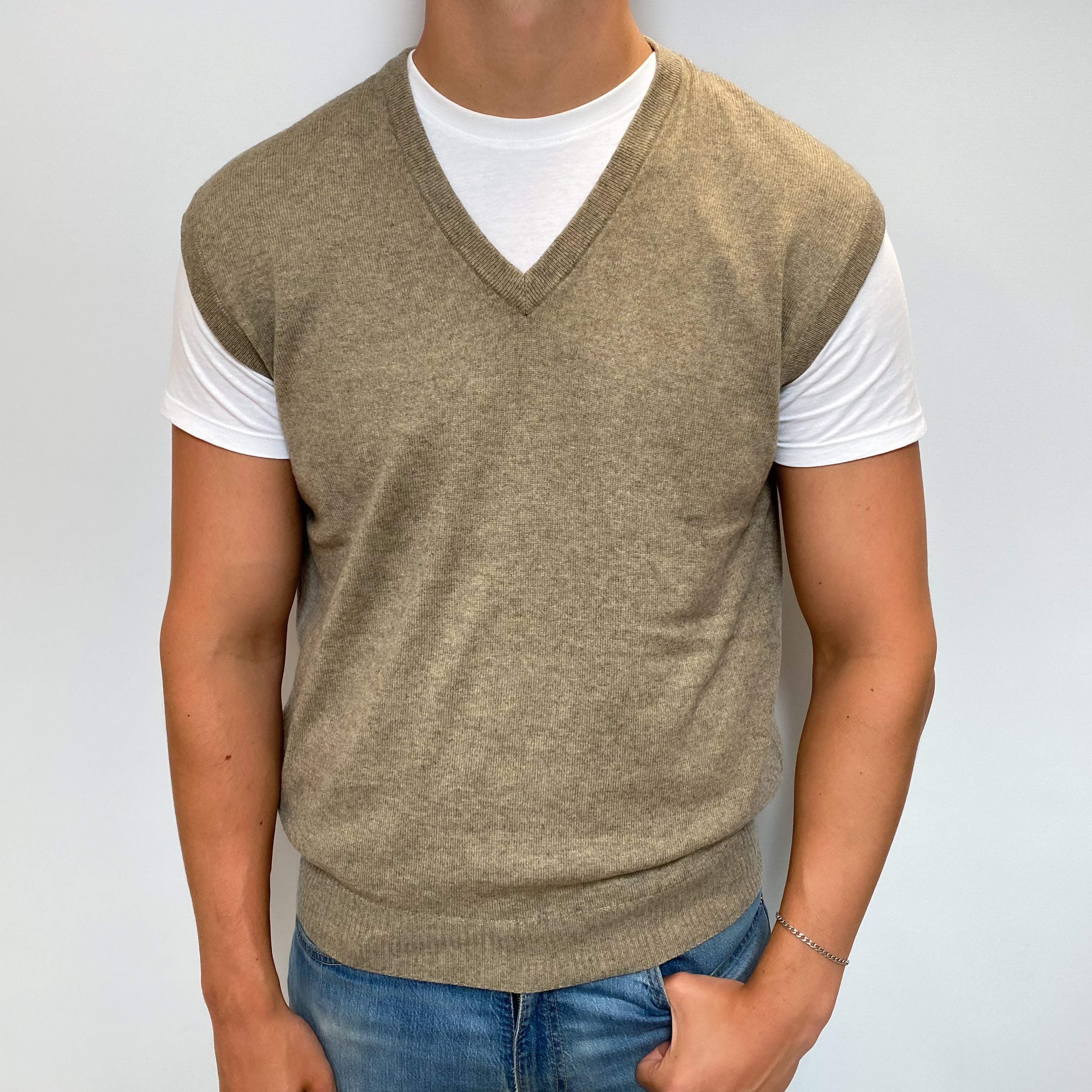 Men's Taupe Brown Cashmere V Neck Tank Top XL
